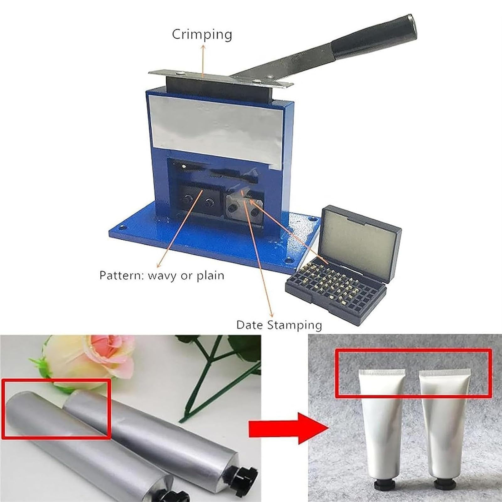 Manual Tube Crimping Sealing Machine, Can Emboss 2 Patterns, Manual Tube Sealing Machine, with Date Letter Coder