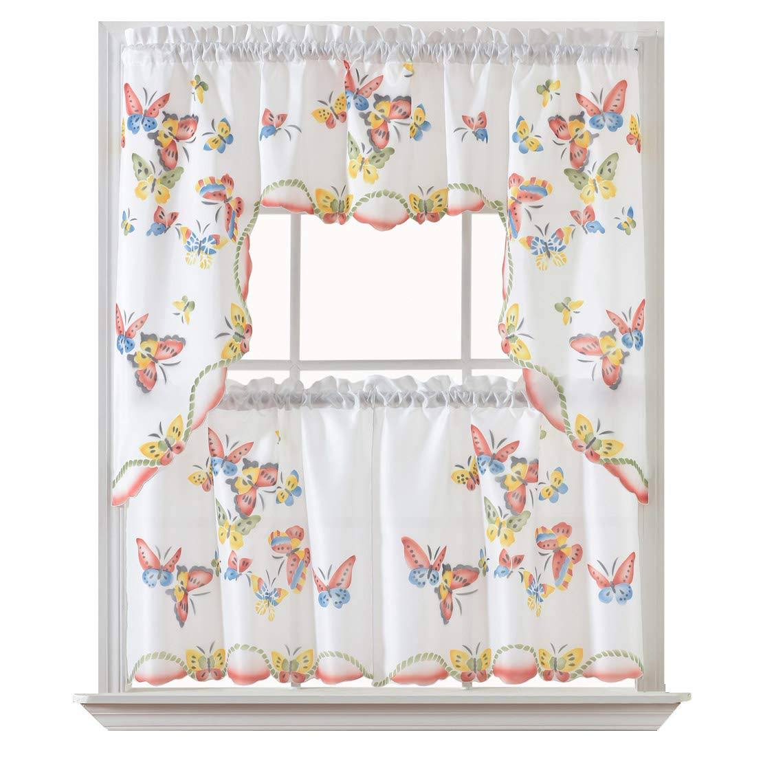 GOHD - 3pcs Kitchen Curtain/Cafe Curtain Set, Air-Brushed by Hand of Flying Butterfly Design. (Swag & 24 Tiers Set)