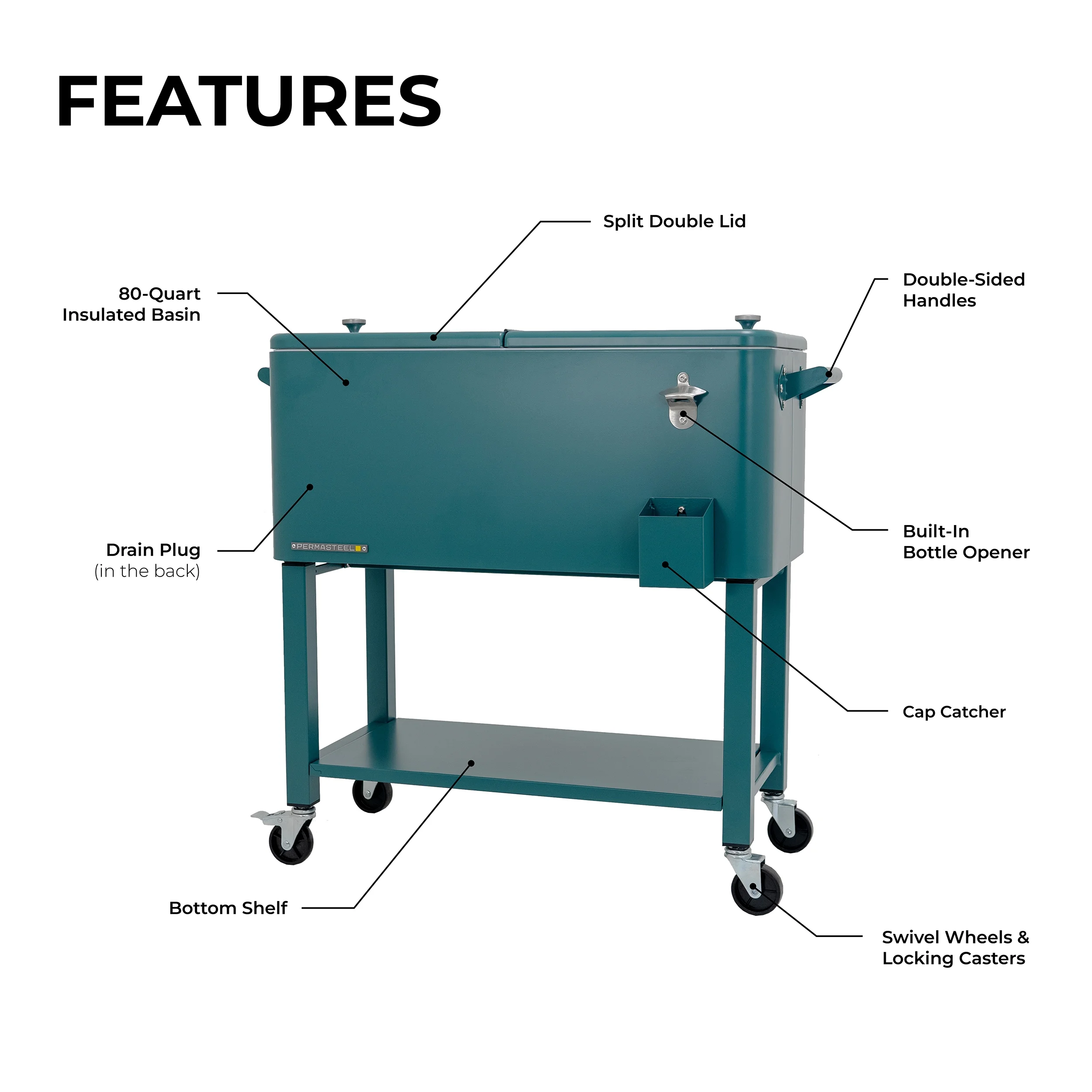 80-Qt Outdoor Steel Patio Cooler with Removable Basin, Rolling Cooler with Wheels, Teal Green(Teal Green) - Image 10