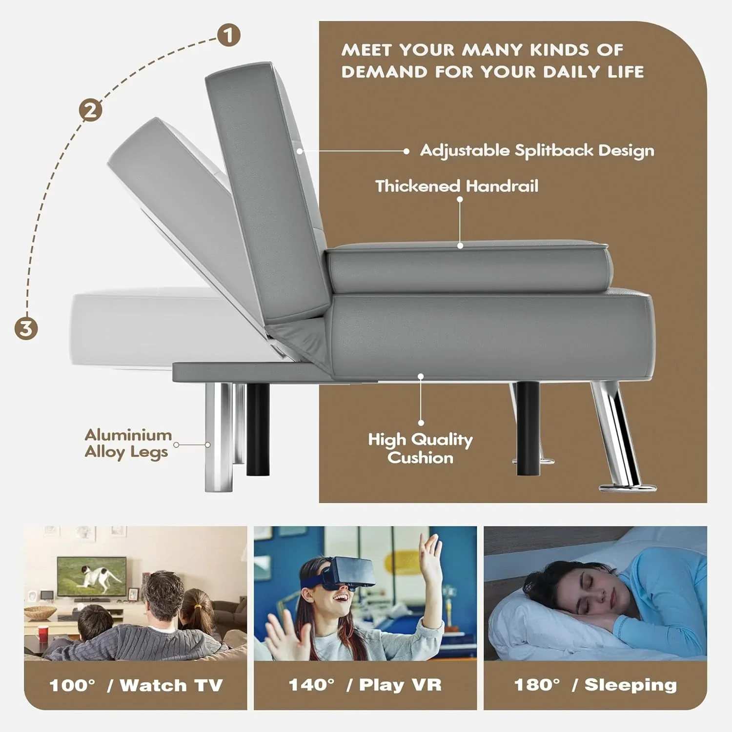 Canapé-lit futon Homall en cuir avec accoudoirs et fauteuil inclinable réglable