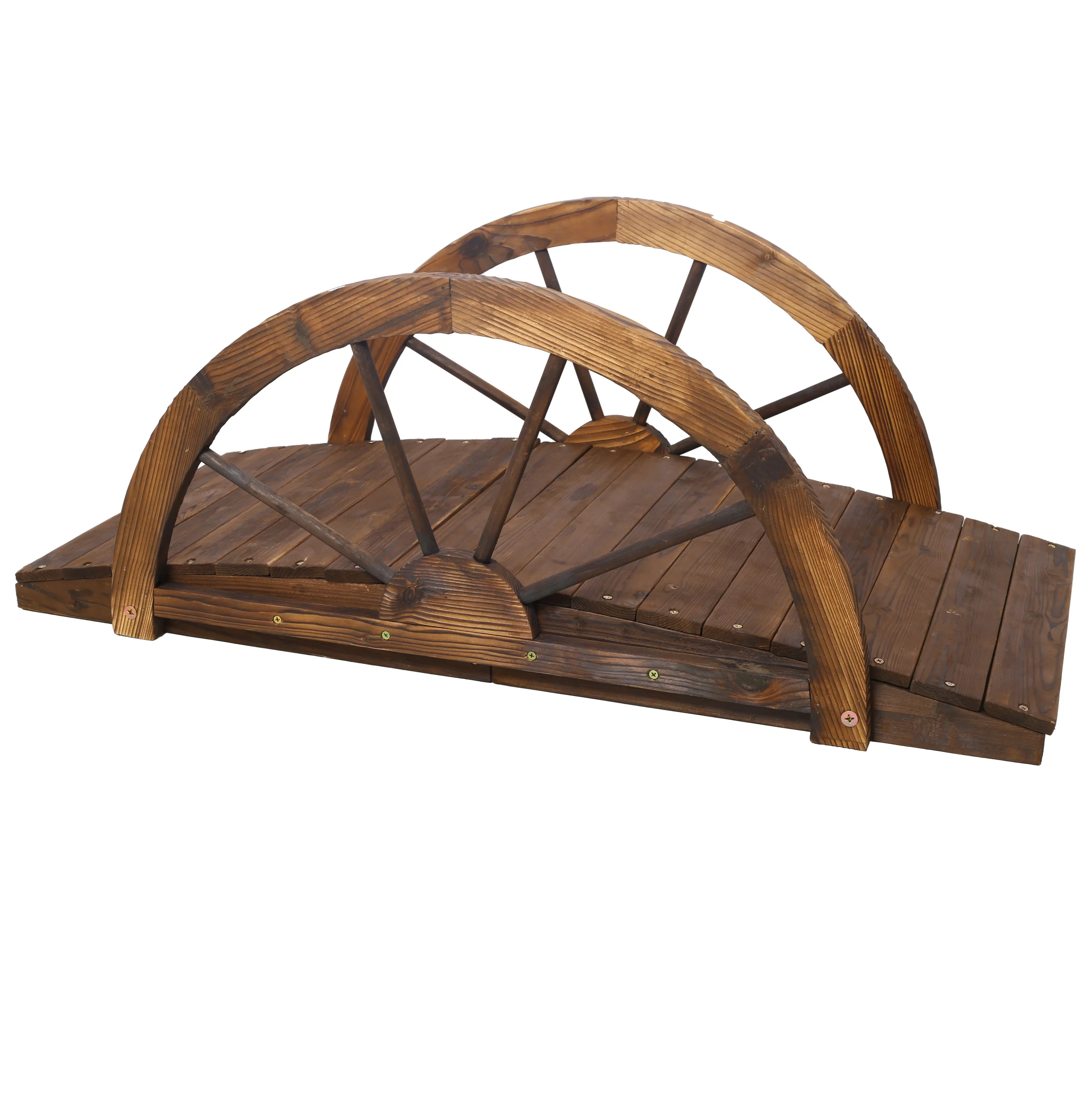 3.3ft Wooden Garden Bridge Arc Footbridge with Half-Wheel Style Railings & Solid Fir Construction, Stained Wood