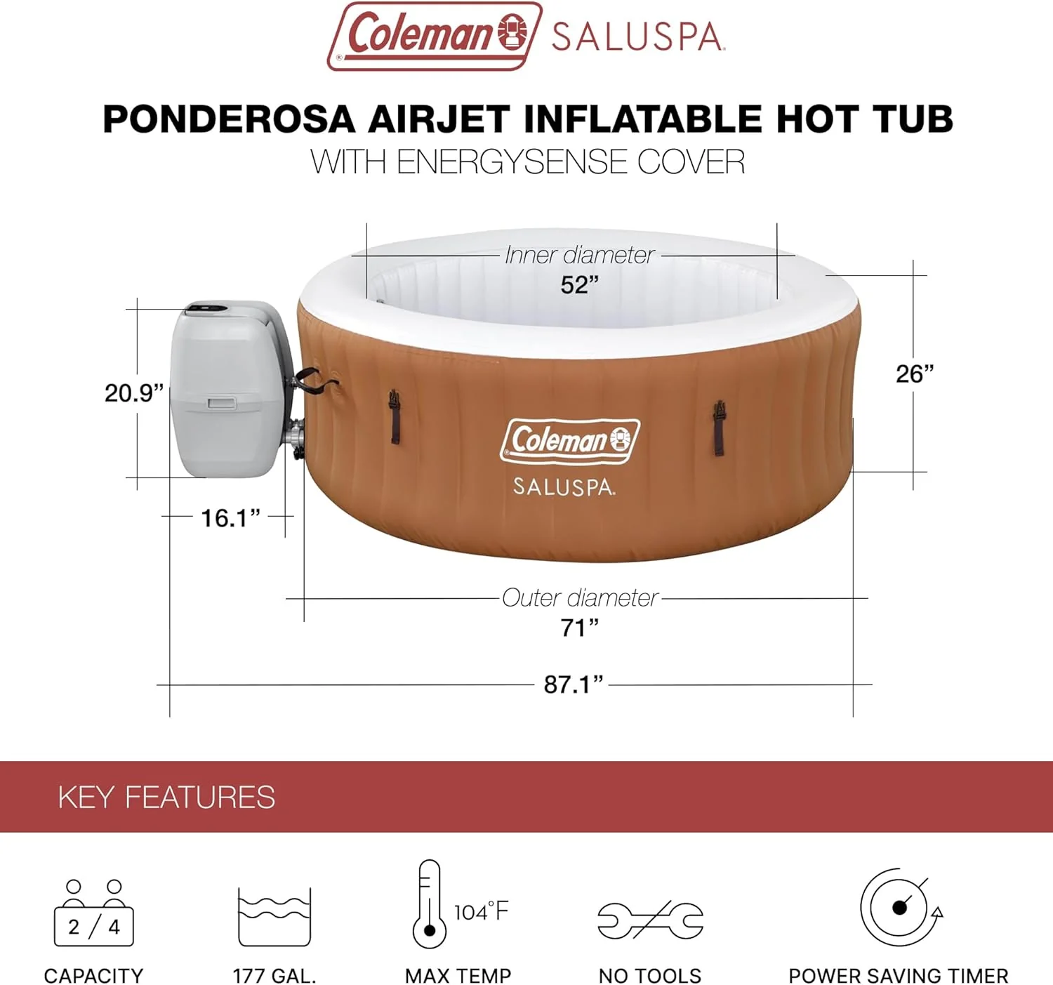 Spa gonflable rond portable Coleman SaluSpa Miami AirJet pour 2 à 4 personnes, avec 120 jets d'air apaisants et couverture isolante, noir.