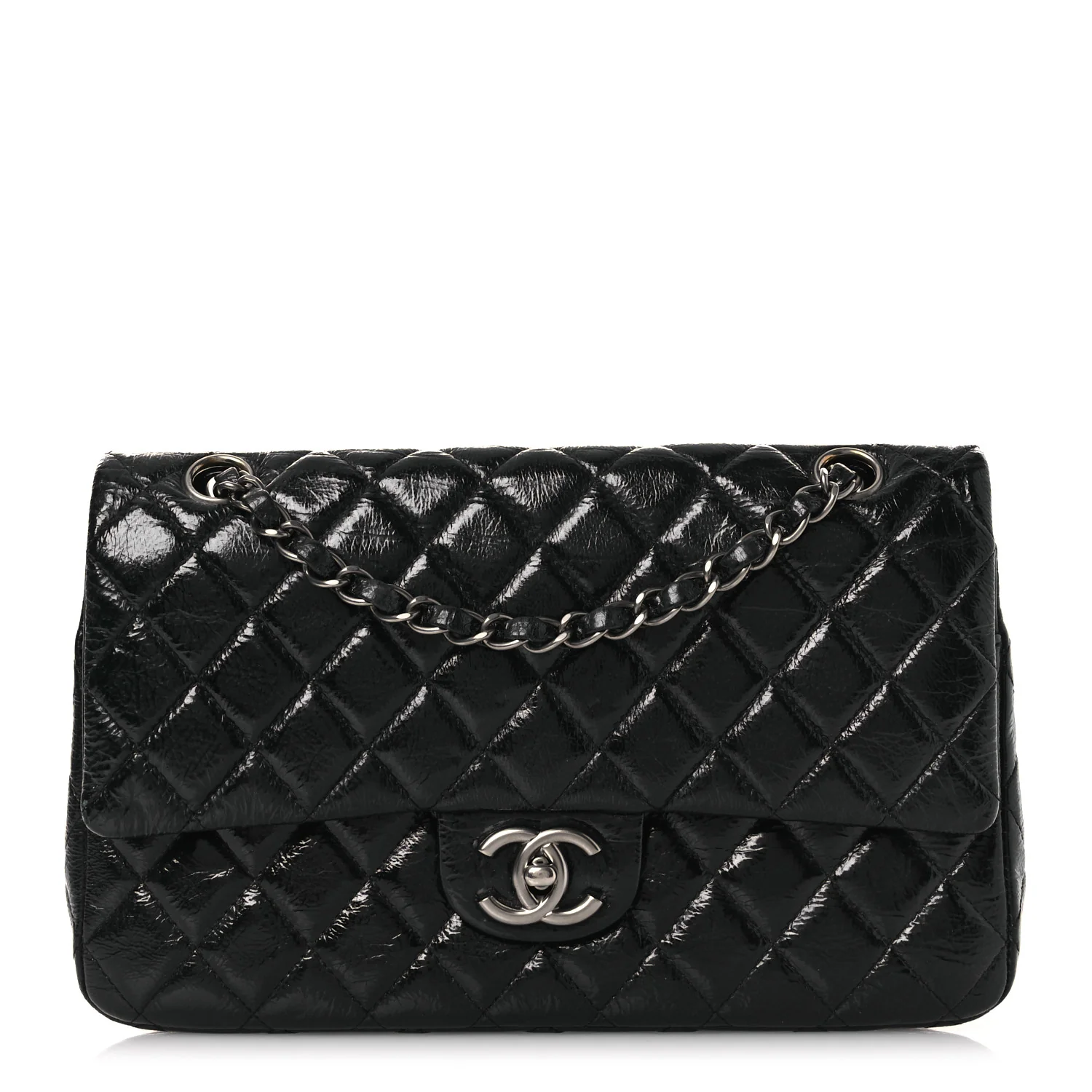 Distressed Patent Quilted Medium Double Flap Black