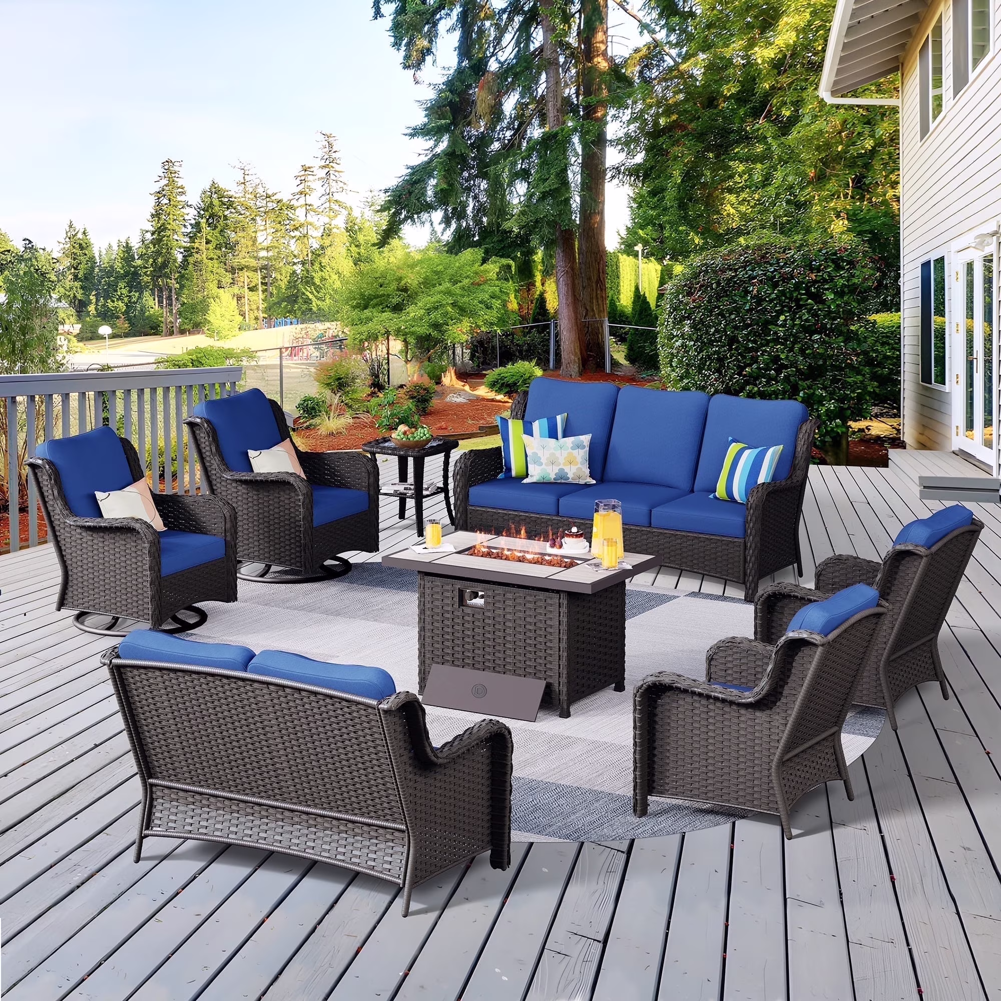 8 Pieces Outdoor Patio Furniture Sectional Sofa All-weather Conversation Set with Swivel Rocking Chairs and Fire Pit Table for Garden,Poolside,Gray(Gray/Gray) - Image 5