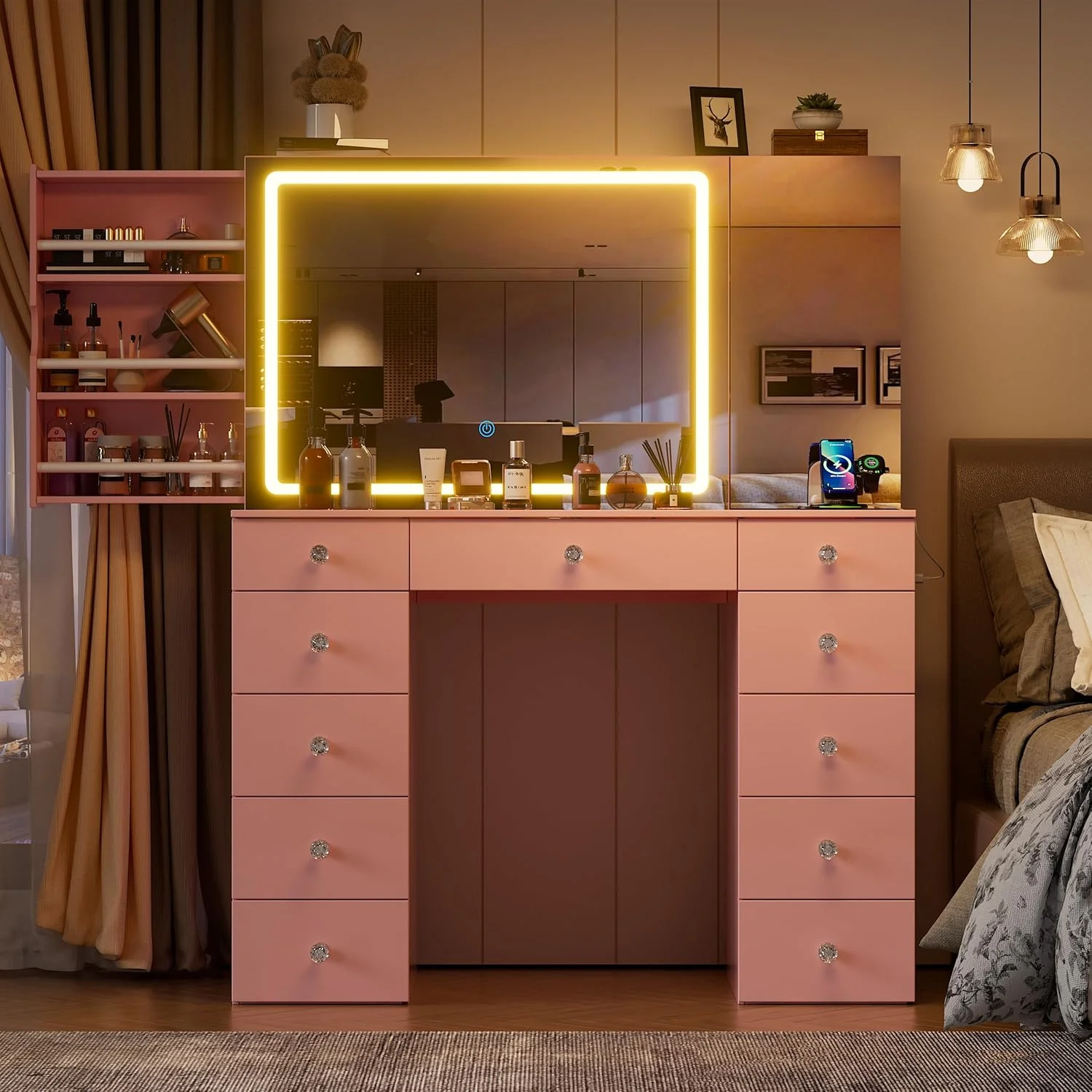 Vanity Set with Lighted Mirror, Large Vanity Desk with Charging Station, Makeup Vanity Table with 11 Drawers Hidden Sliding Storage Cabinet Visible Glass Tabletop for Bedroom (White)(Pink) - Image 4