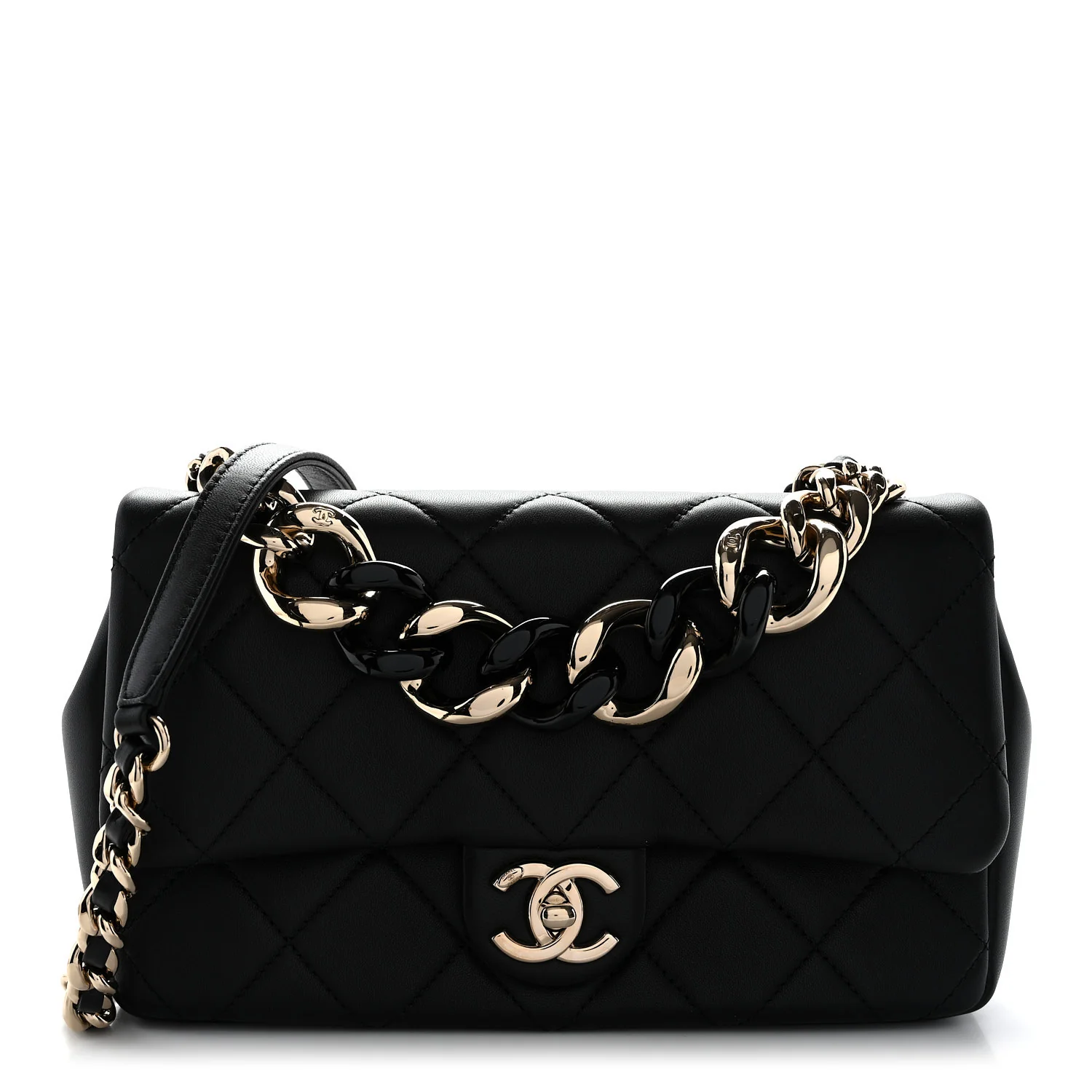 Lambskin Quilted Resin Bi-Color Chain Flap Bag Black