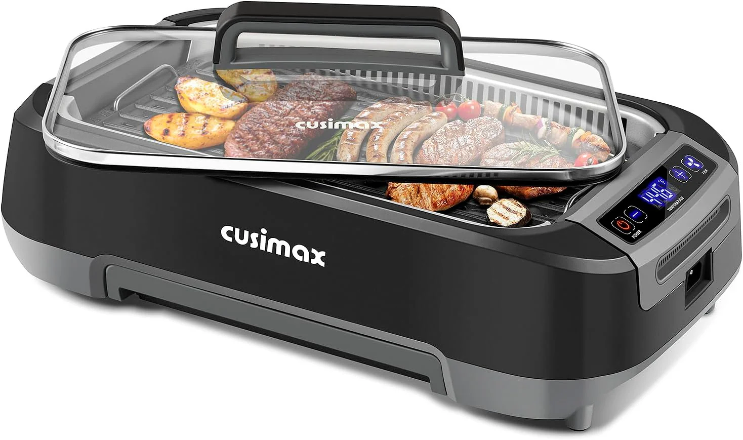 Gril d'intérieur sans fumée CUSIMAX avec plaque de cuisson/gril amovible antiadhésive, 1500 W, style barbecue coréen, avec écran LED intelligent et couvercle en verre trempé, facile à nettoyer, noir.