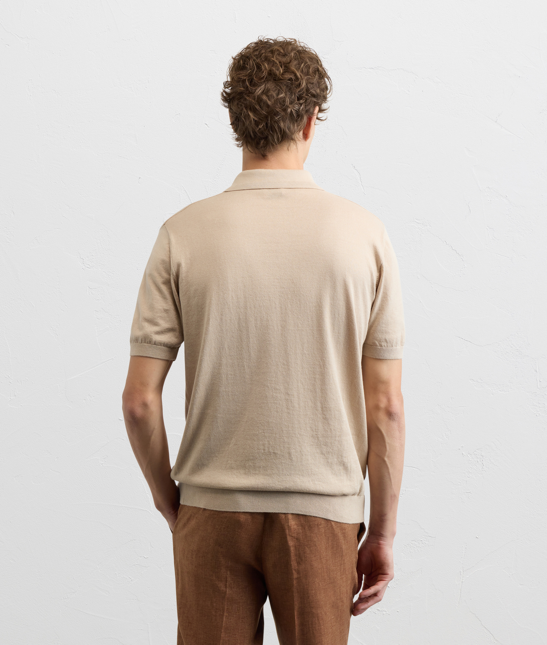 LIGHT BROWN COTTON SHORT SLEEVED POLO SHIRT WITH RIBBED TRIM