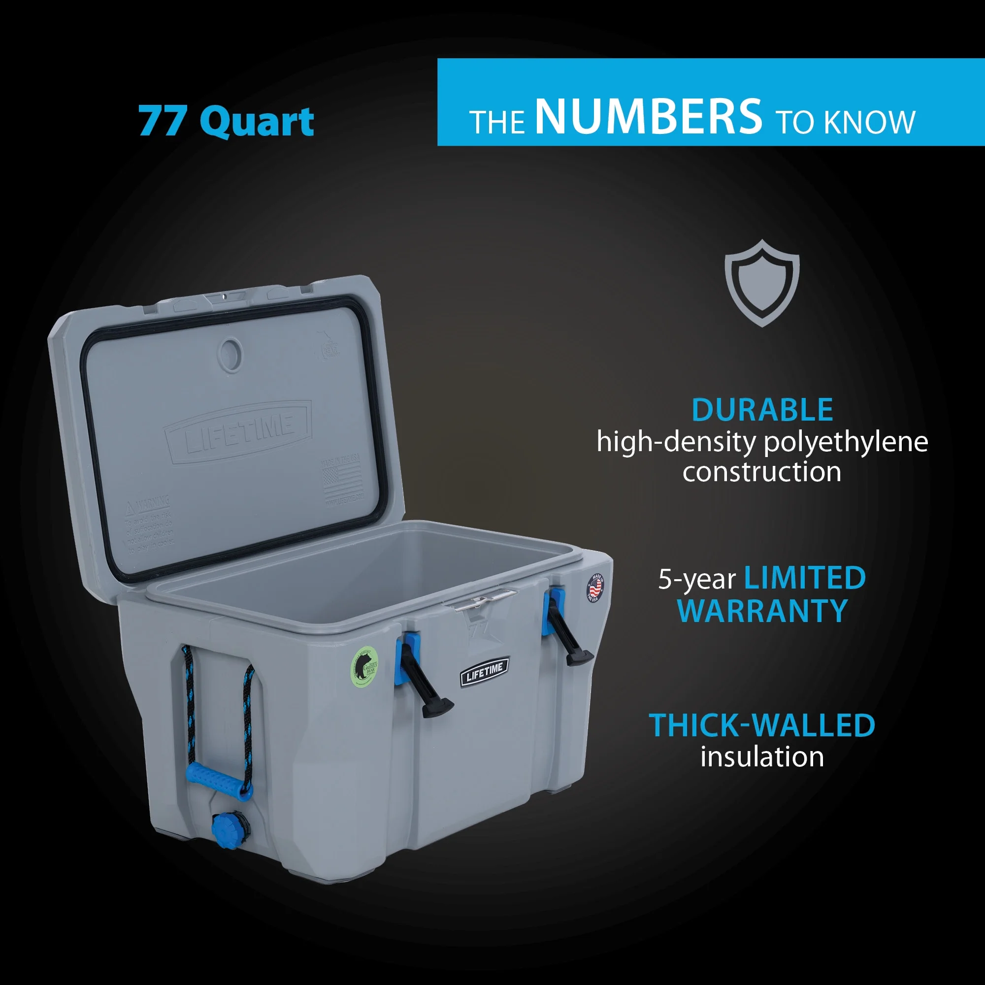 77 qt Bear-Resistant Camping Cooler, Premium High Performance, Ice Retention, Hard Cooler, 96 Can Capacity, Light Gray (90903)(Single) - Image 3