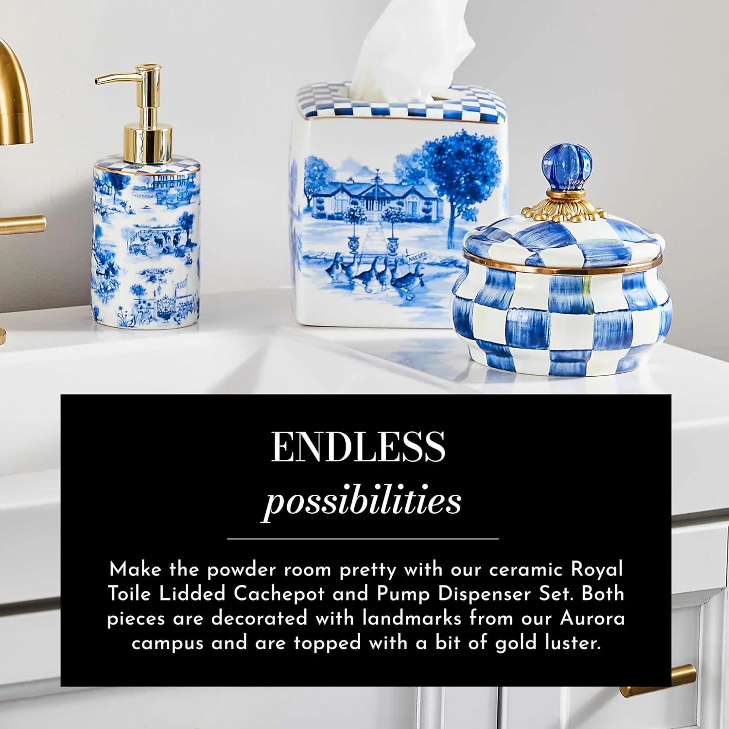 Toile Soap Dispenser & Cachepot Set