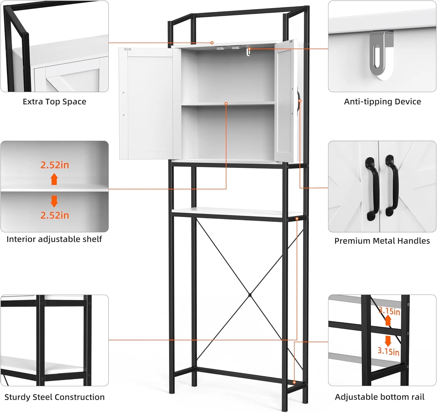 Over The Toilet Storage Cabinet, Bathroom Space Saving Toilet Shelf with 2 Doors and 3 Adjustable Shelf, White - Image 5