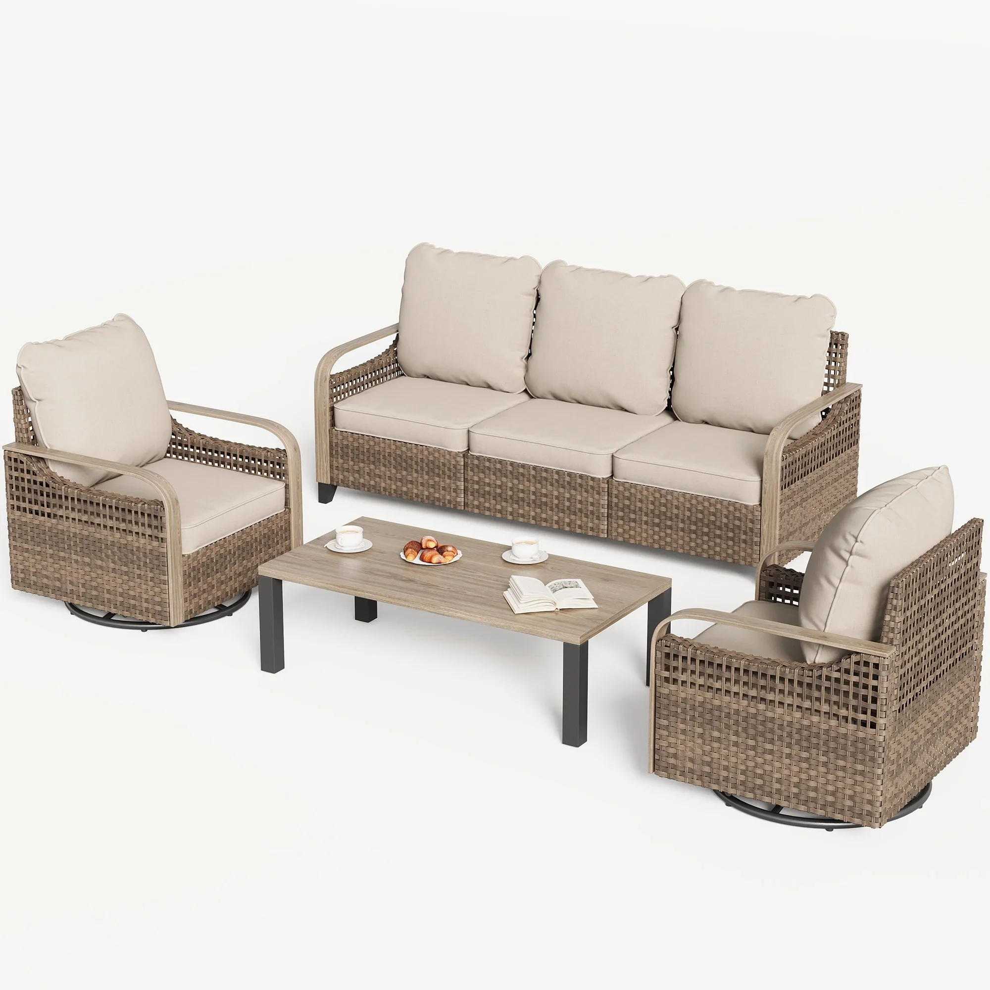 ELPOSUN L Shaped Conversation Sectional Sofa Set with Coffee Table, 5 Pieces Patio Furniture Seating Group with Side Table for Backyard Garden, Beige Grey