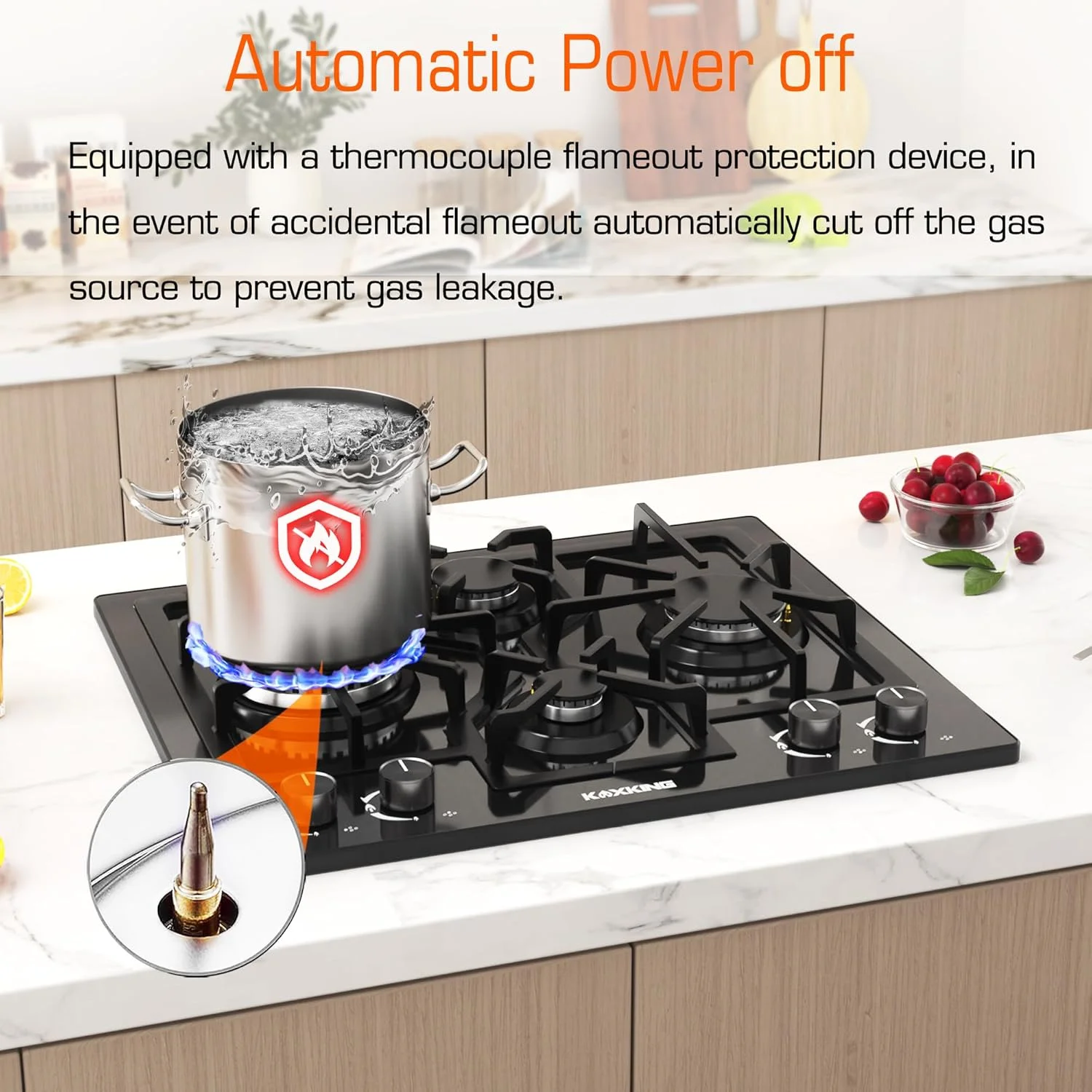 24 Inch Black Gas Cooktop Built-in Dual Fuel Natural Gas Propane Stove 4 Burner Convertible Cooktop with Thermocouple Protection - Image 6