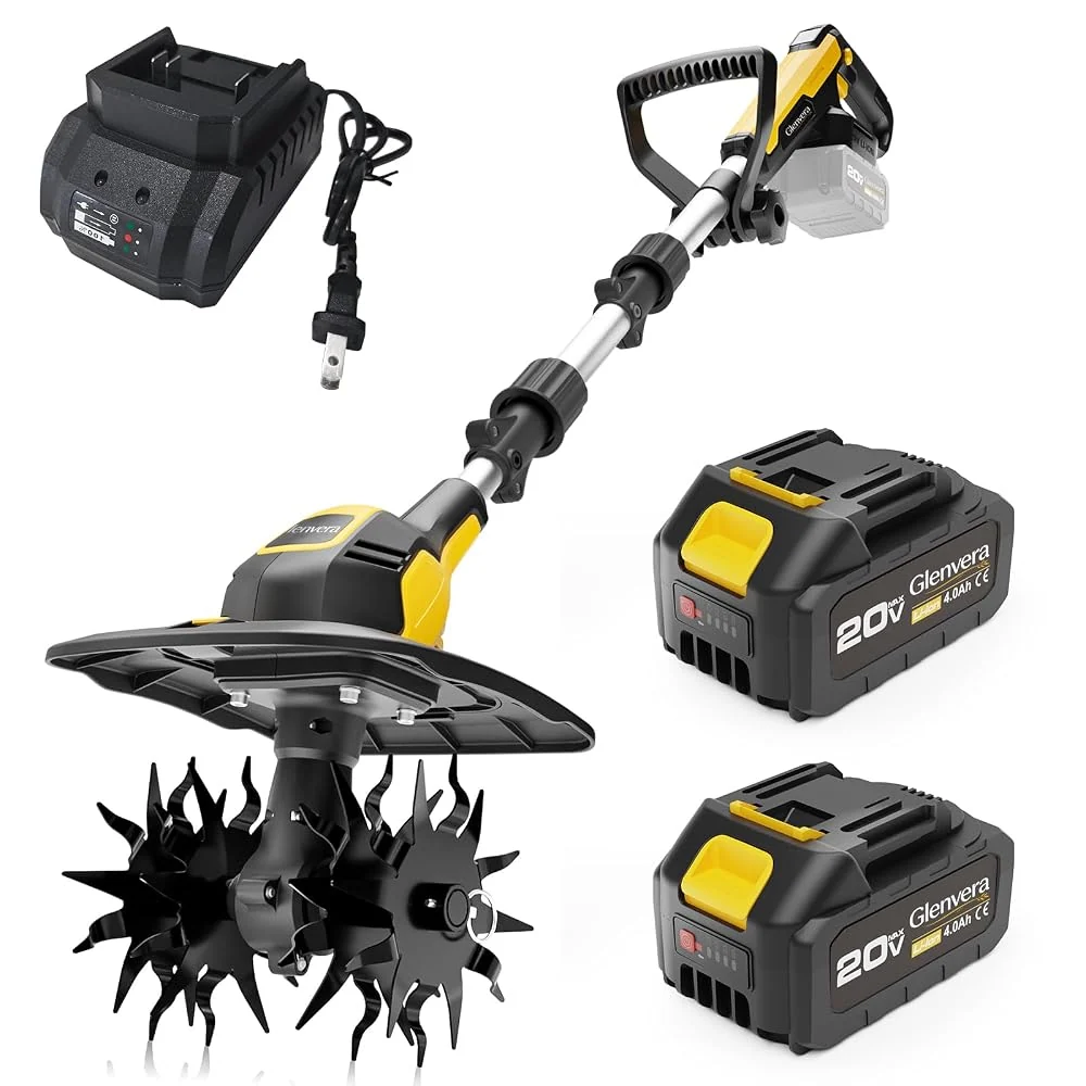 20V Cordless Tiller Cultivator, with 2 * 4.0Ah Batteries & Charger