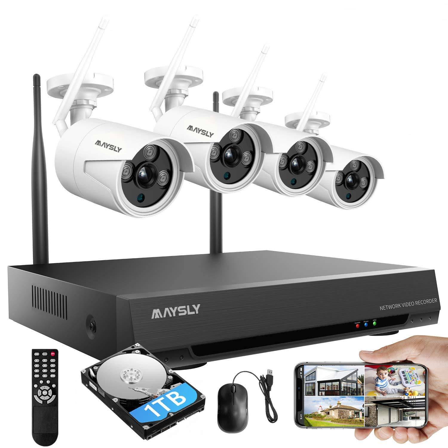 Maysly Home Security Camera System Wireless, Maysly 8CH 1080p Surveillance NVR Kits with 4pcs 2.0MP Cameras Outdoor & Indoor with 65ft