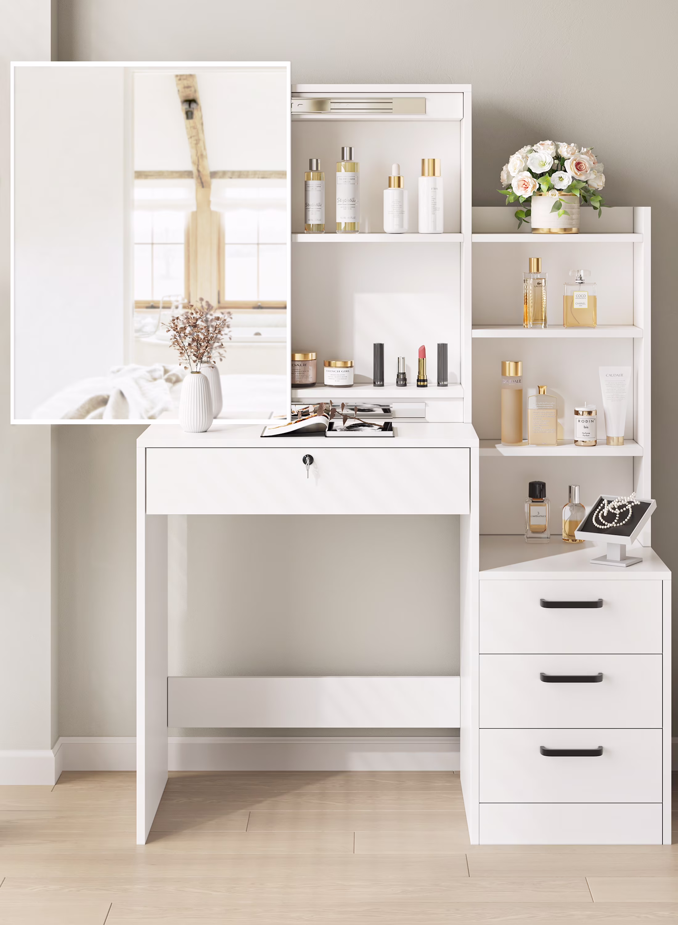 Vanity Table Stylish Aesthetic Durable with Sliding Mirror White(White-4) - Image 8