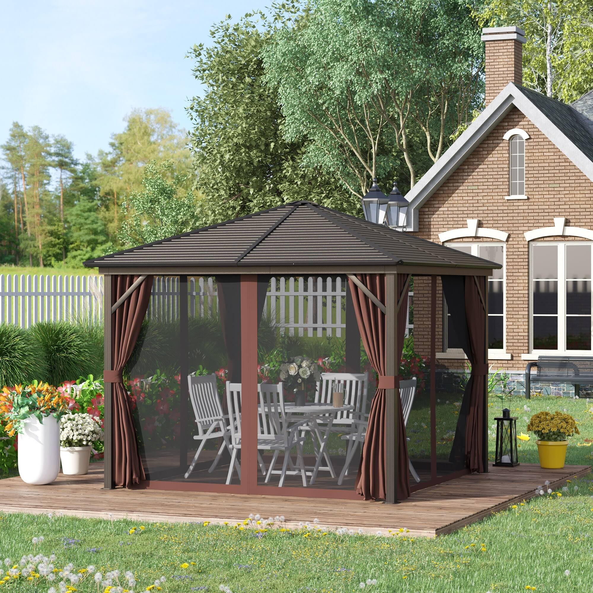 Outsunny 10' x 10' Outdoor Hardtop Patio Gazebo Steel Canopy with Aluminum Frame Curtains and Top Hook Dark Brown