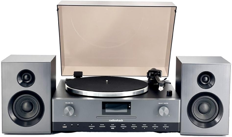 RadioShack Professional Turntable with Speakers  3-Speed Belt-Drive Vinyl Player  Bluetooth Input and Output  FM Radio  CD and USB Playback  Detachable Speakers  Anti-Skating System  Model 4001798