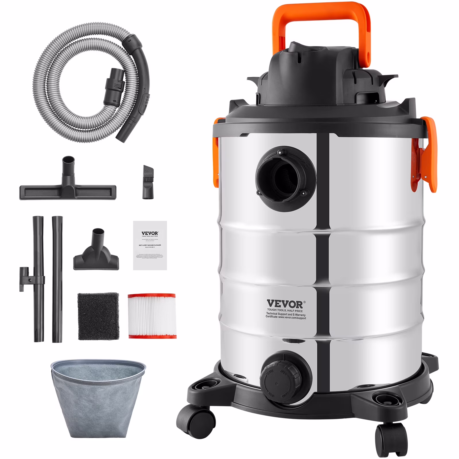 VEVOR Stainless Steel Wet Dry Shop Vacuum, 8 Gallon 6 Peak HP Wet/Dry Vac, Powerful Suction with Blower Function w/ Attachment 2-in-1 Crevice Nozzle, Small Shop Vac Perfect for Carpet Debris