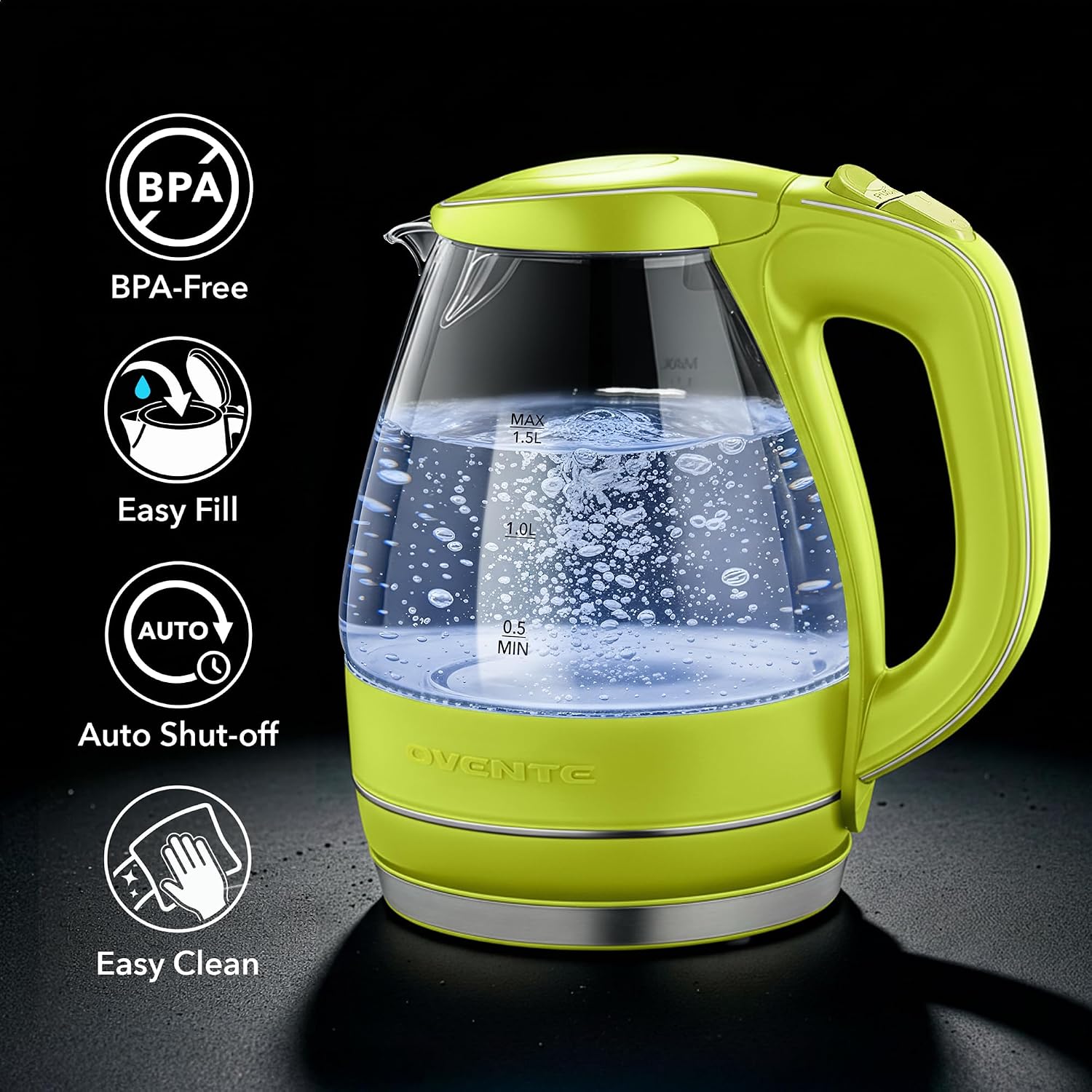 OVENTE 1.5L Glass Electric Kettle Water Boiler, Green KG83G
