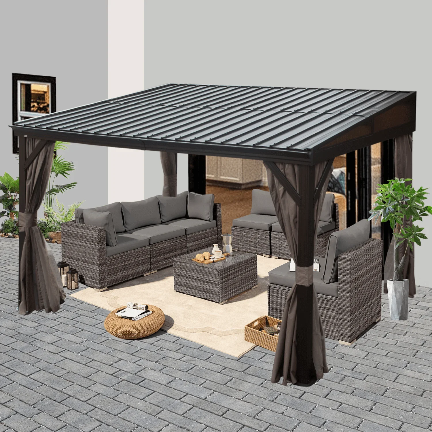 Domi Outdoor Living 10' x 12' Hardtop Lean-to Gazebo, Wall-Mounted with Galvanized Steel Roof Wall Pergola with Aluminum Frame, Curtains and Netting, for Patio, Deck, Garden, Backyard
