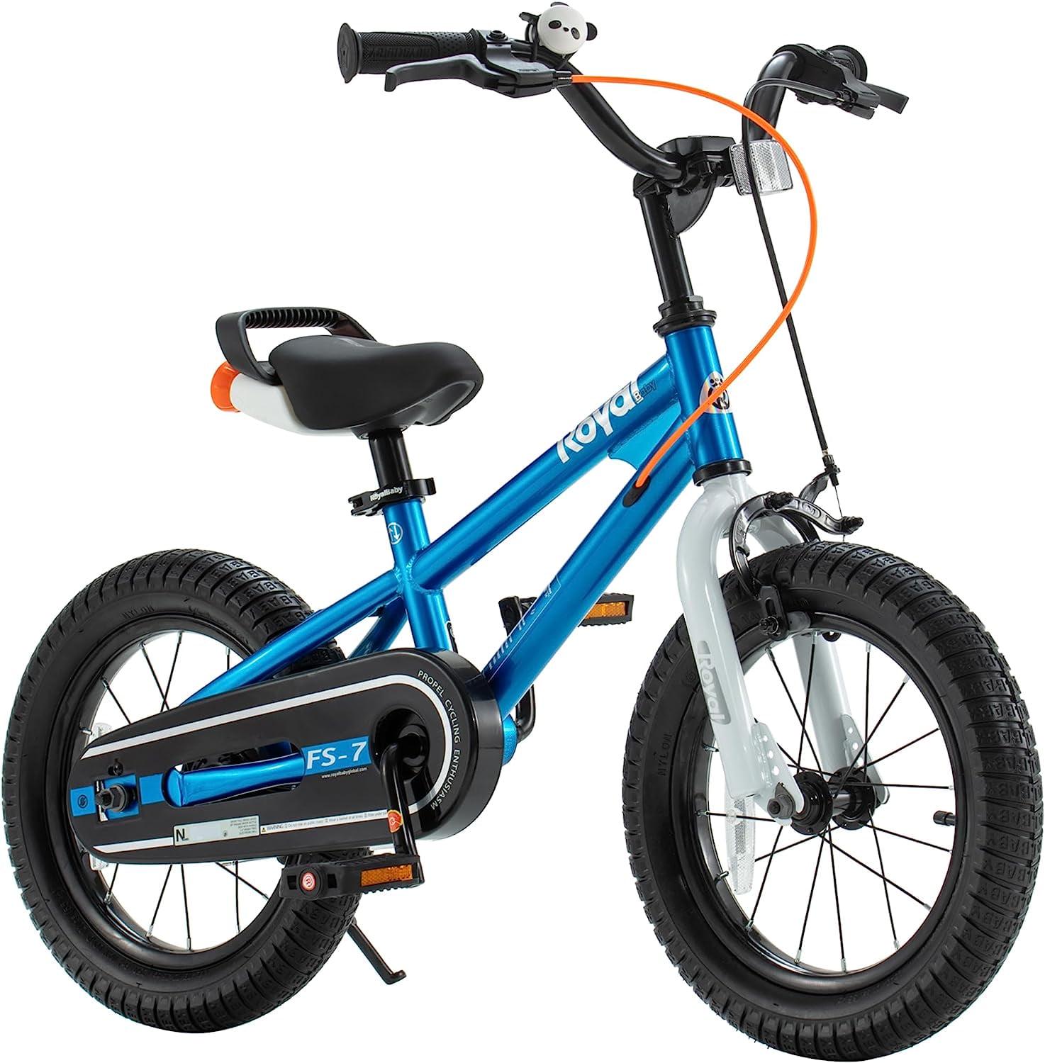 Royalbaby Freestyle 7 Kids Bike Toddlers 14 in Wheel Dual Handbrakes Bicycle Beginners Boys Girls Ages 3 - 5 Years. Kickstand and Water Bottle Included. Blue
