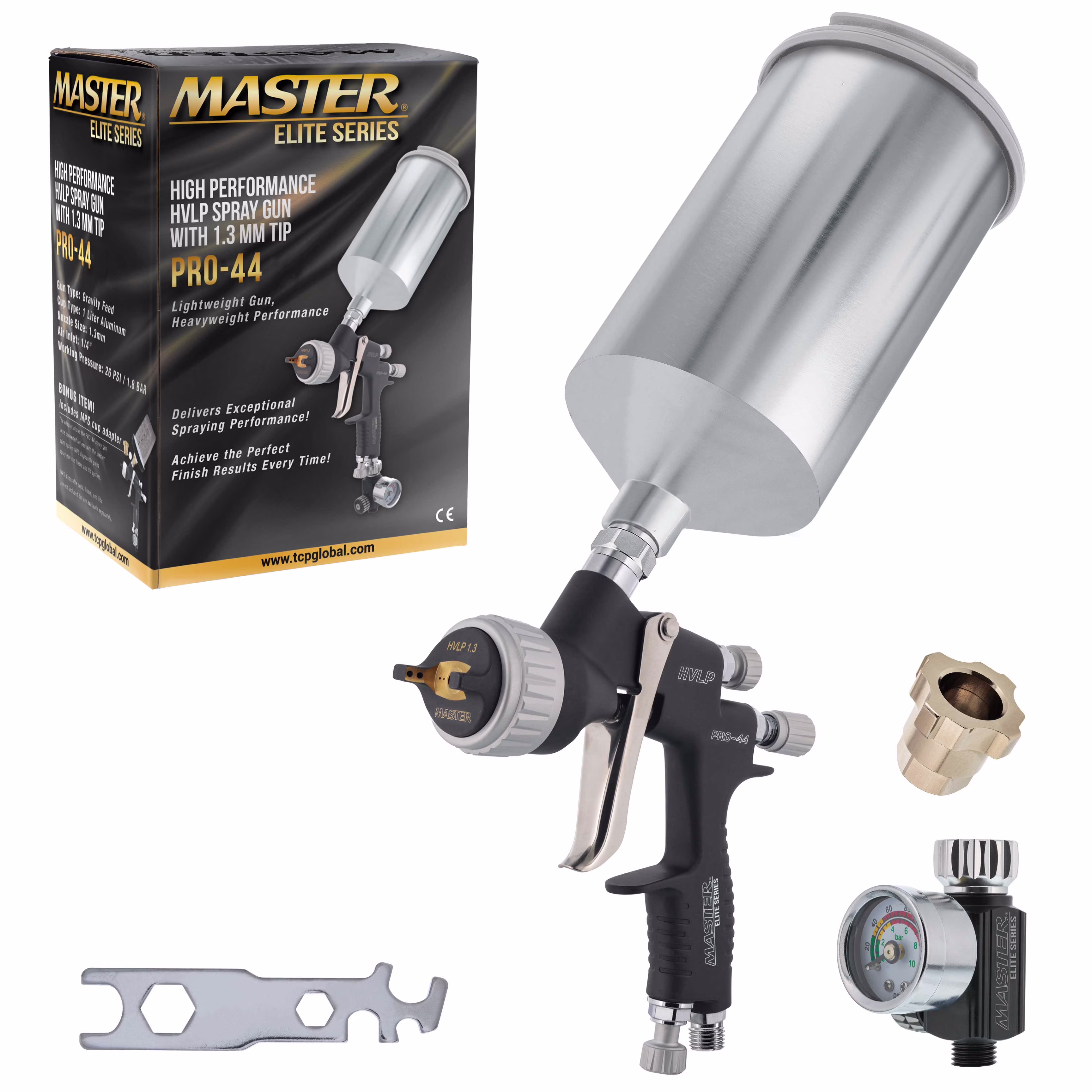 Master Elite Series High Performance HVLP Spray Gun with 1.3mm Tip with High Flow Air Pressure Regulator Gauge