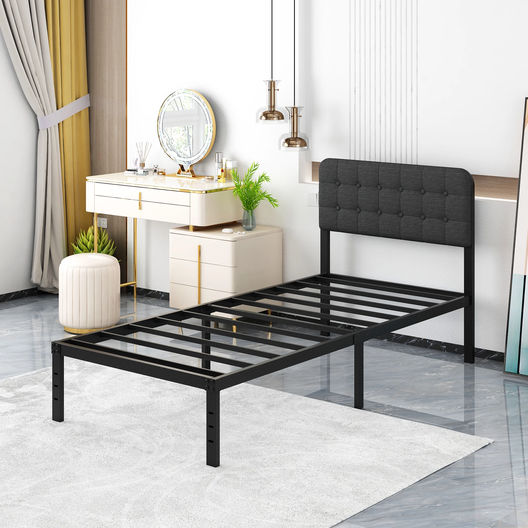 Maenizi Twin XL Bed Frames with Upholstered Headboard, 18 in Twin XL Metal Bed Frame No Box Spring Needed, Heavy Duty Metal Slats, Noise Free, Easy Assemble, Grey