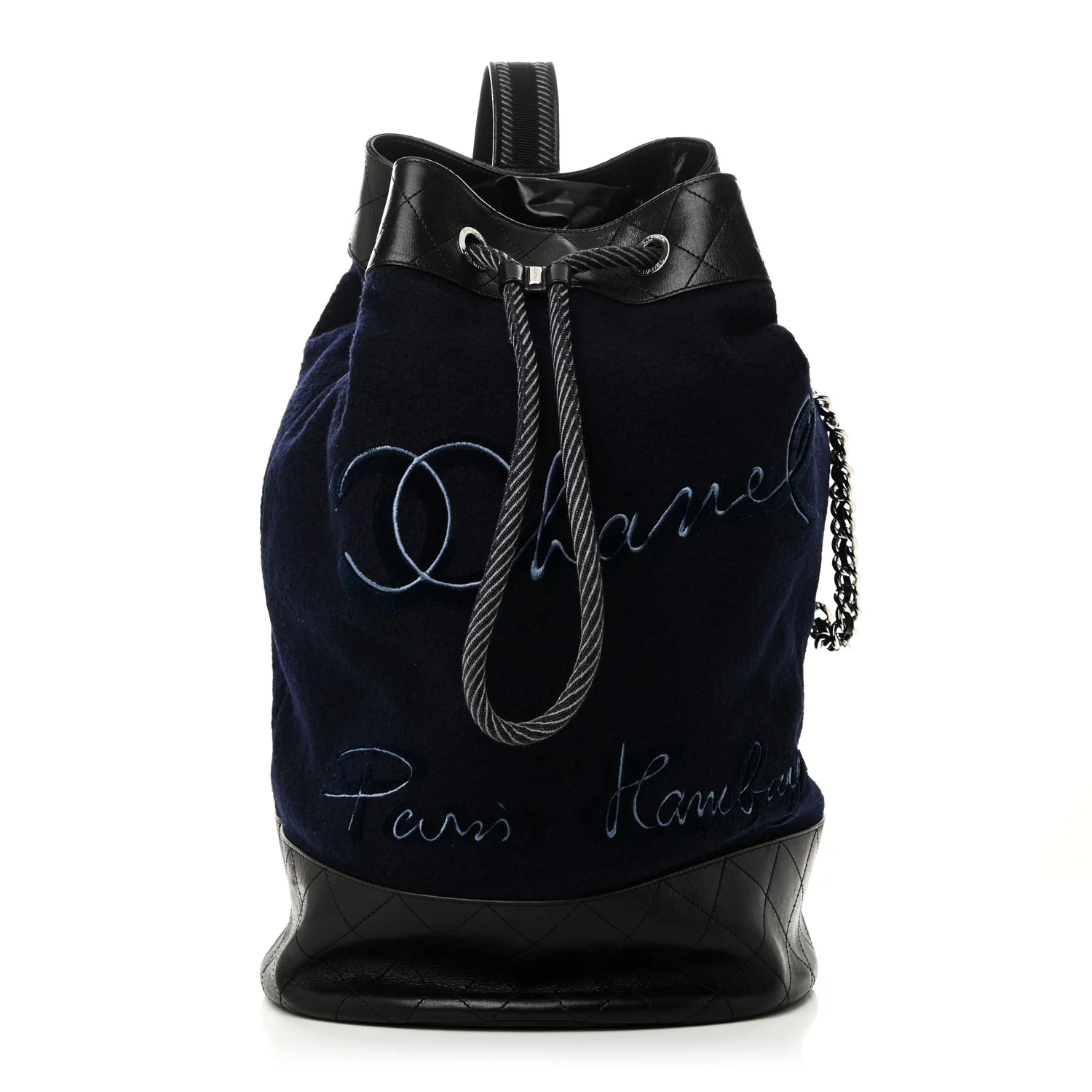 Wool Calfskin Embroidered Paris Hamburg Drawstring Backpack Navy Blue