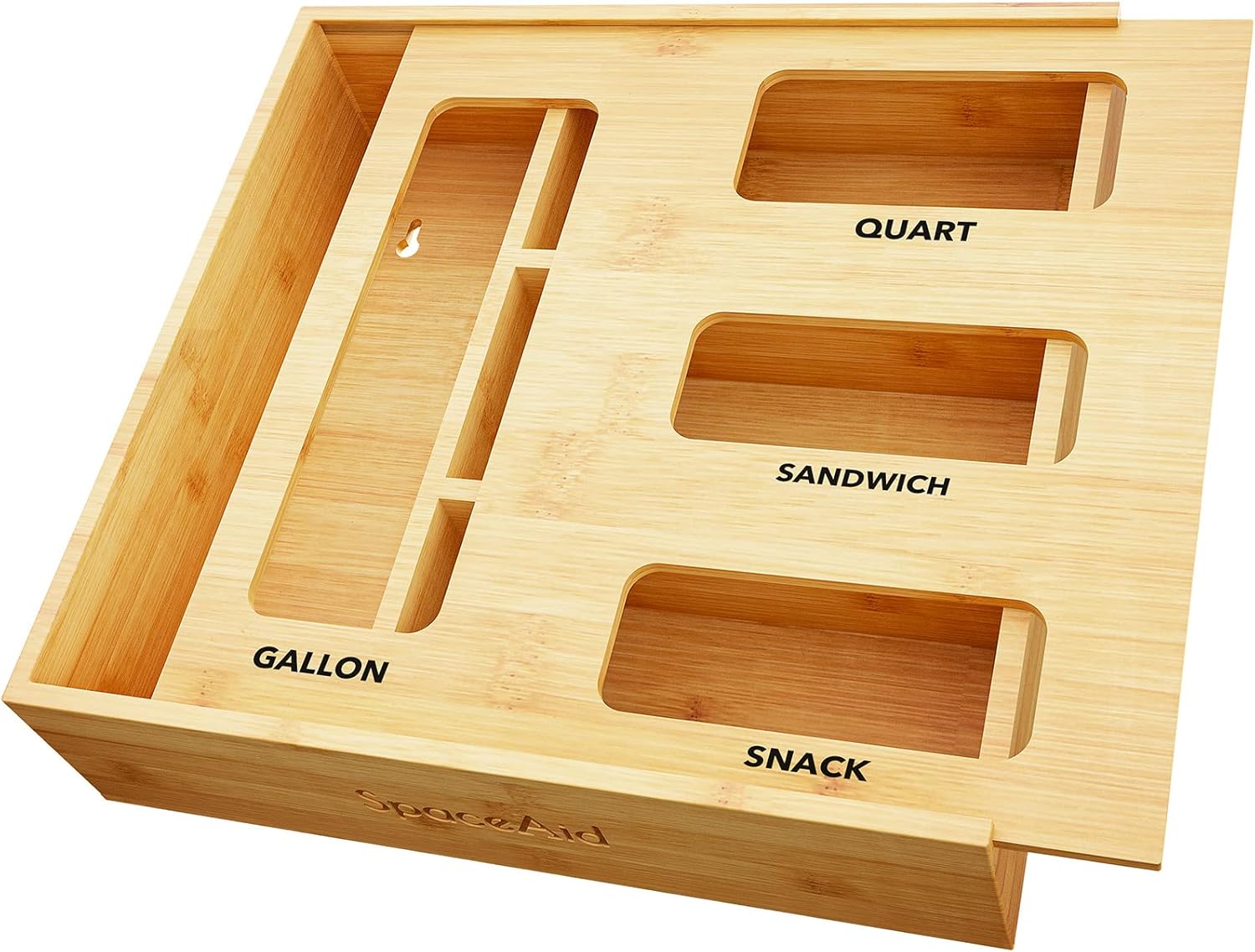 SpaceAid Bag Storage Organizer for Kitchen Drawer, Bamboo Organizer, Compatible with Gallon, Quart, Sandwich and Snack Size Bags (1 Box 4 Slots)
