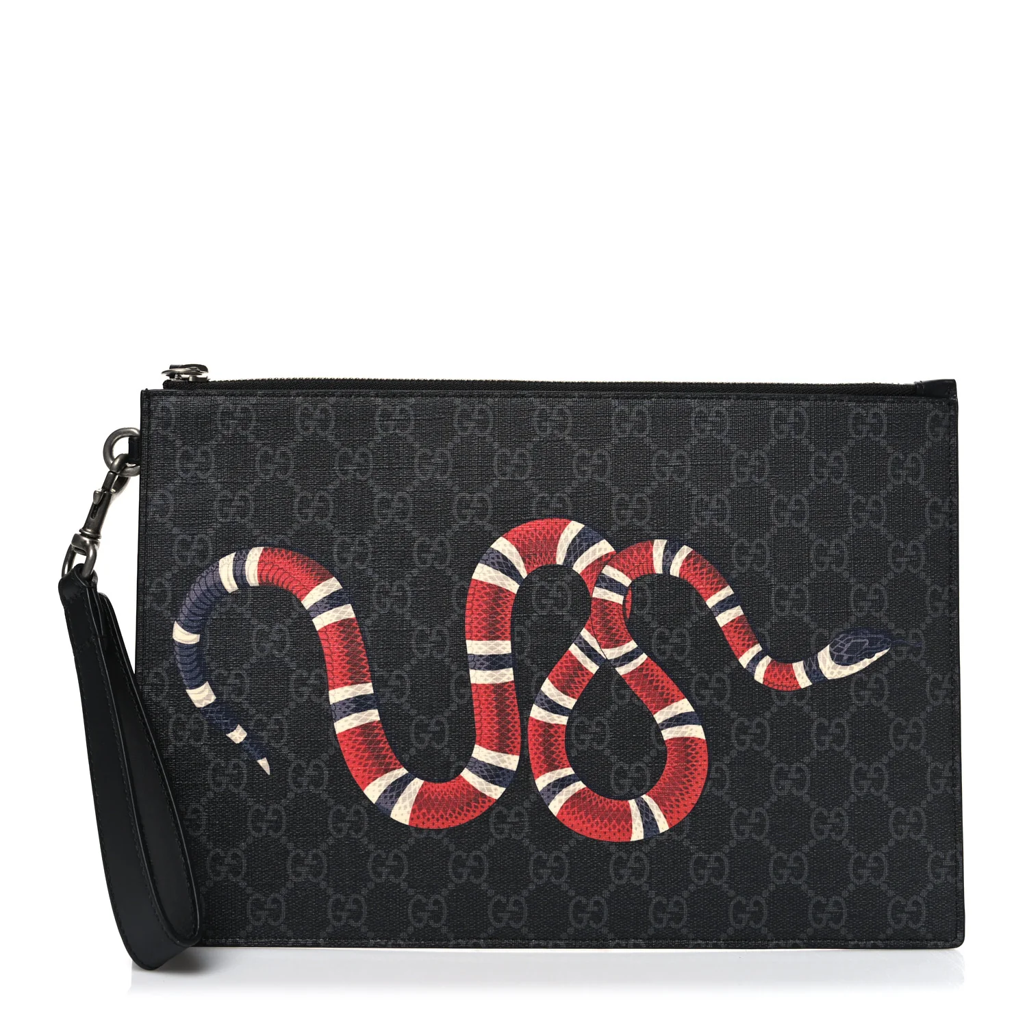 GG Supreme Monogram Kingsnake Zip Wristlet Pouch Black Grey
