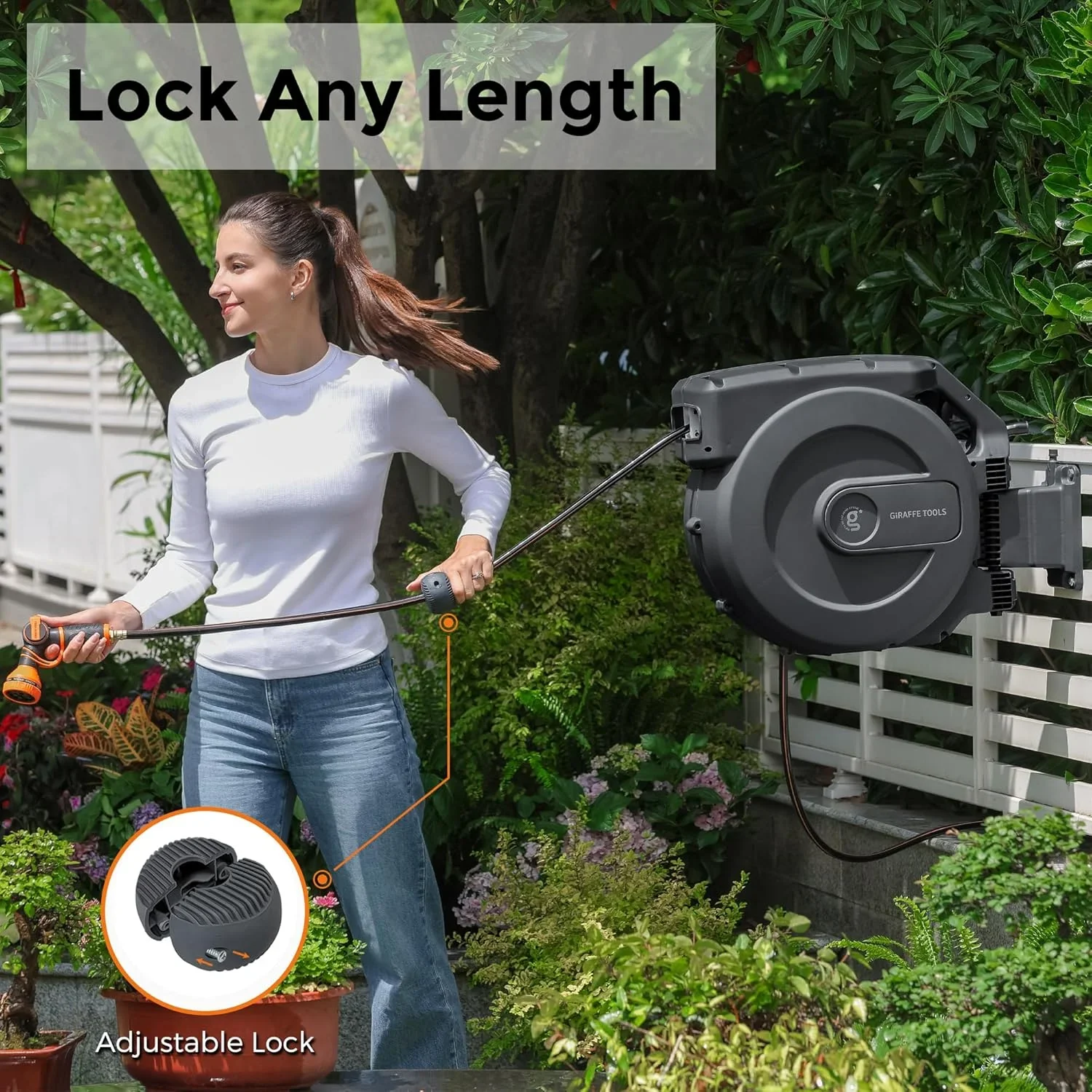 Giraffe Tools Retractable Garden Hose Reel with 1/2in-100ft Water Hose, Plastic Bracket, Wall Mounted, Dark Grey