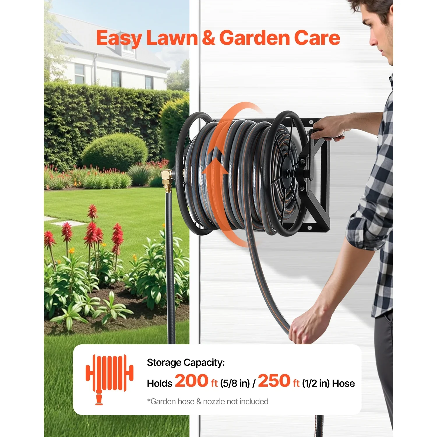 KFFKFF Wall Mounted Garden Hose Reel, Fits 200 ft 5/8-inch Manual Hose, Durable Steel Construction, Outdoor Reel with Brass Connector & 5ft Leader Hose, Space Efficient, Ideal for Yard Lawn Garage