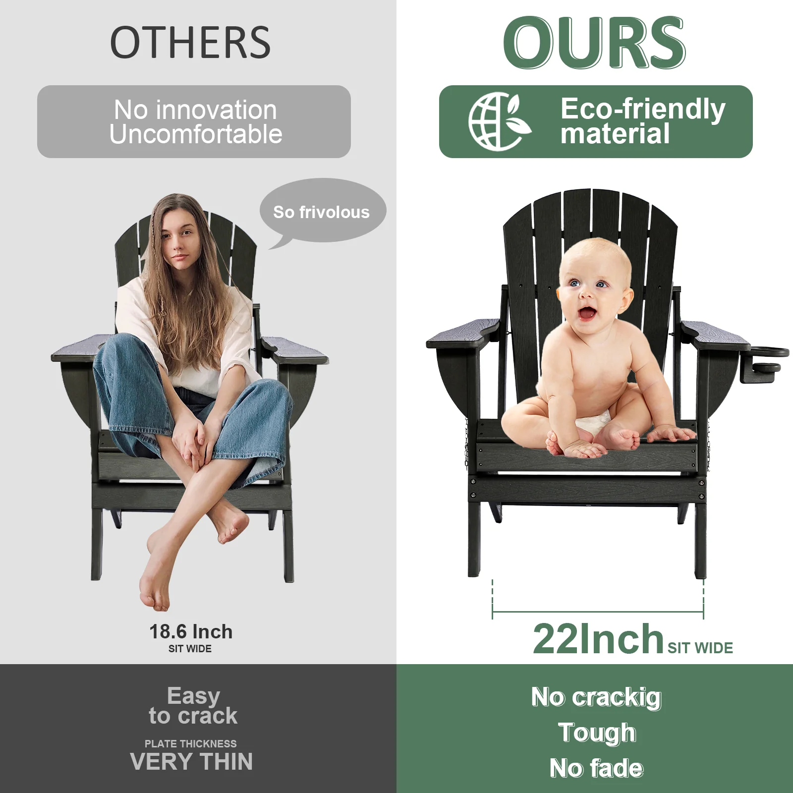 Withniture Folding Adirondack Chairs with Cup Holder, HDPE Adirondack Wood Textured Chairs for Terrace, Lawn, Garden, Backyard Deck(Black)