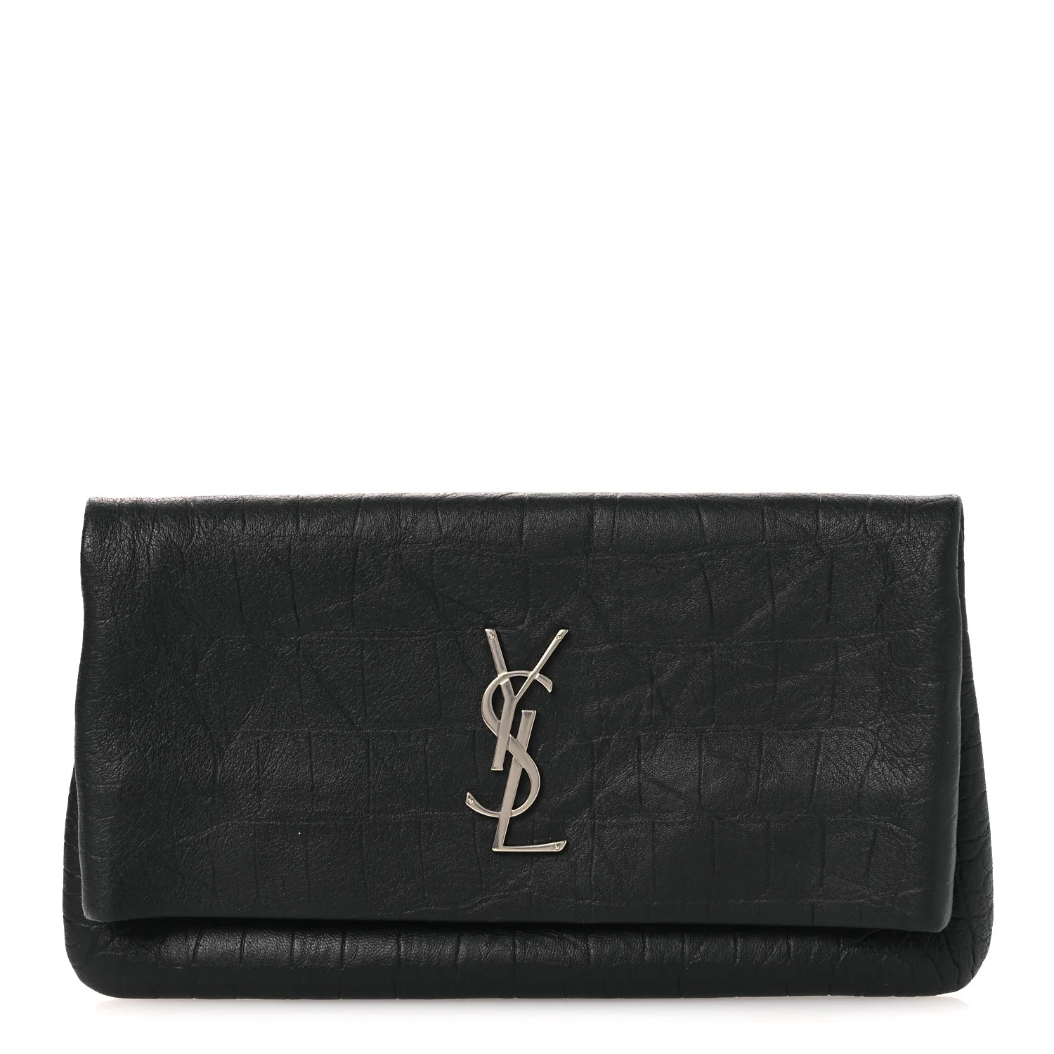 Calfskin Crocodile Embossed West Hollywood Monogram Fold Over Clutch Black
