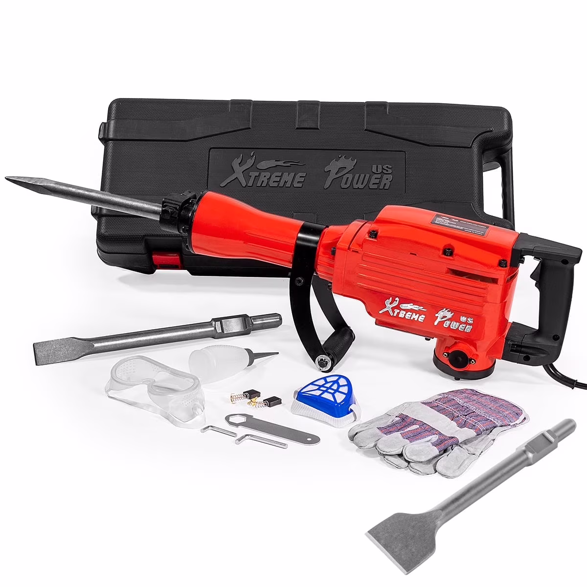 XtremepowerUS Demolition Jack Hammer Heavy Duty, 2200W Electric Jackhammer With Scraping Chisel, 1800BPM Power Drill Concrete Breaker Bar Point & Chisel Bits Chisel Set, Red