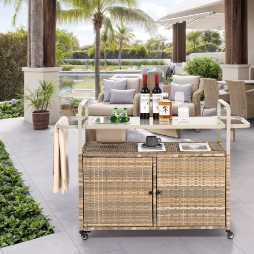 Outdoor Rolling Wicker Bar Cart, Large Portable Outdoor Wicker Bar Table with Cabinet Storage and Glass Countertop, Patio Wicker Serving Bar Cart for Pool, Party, Backyard, Black(Black) - Image 3