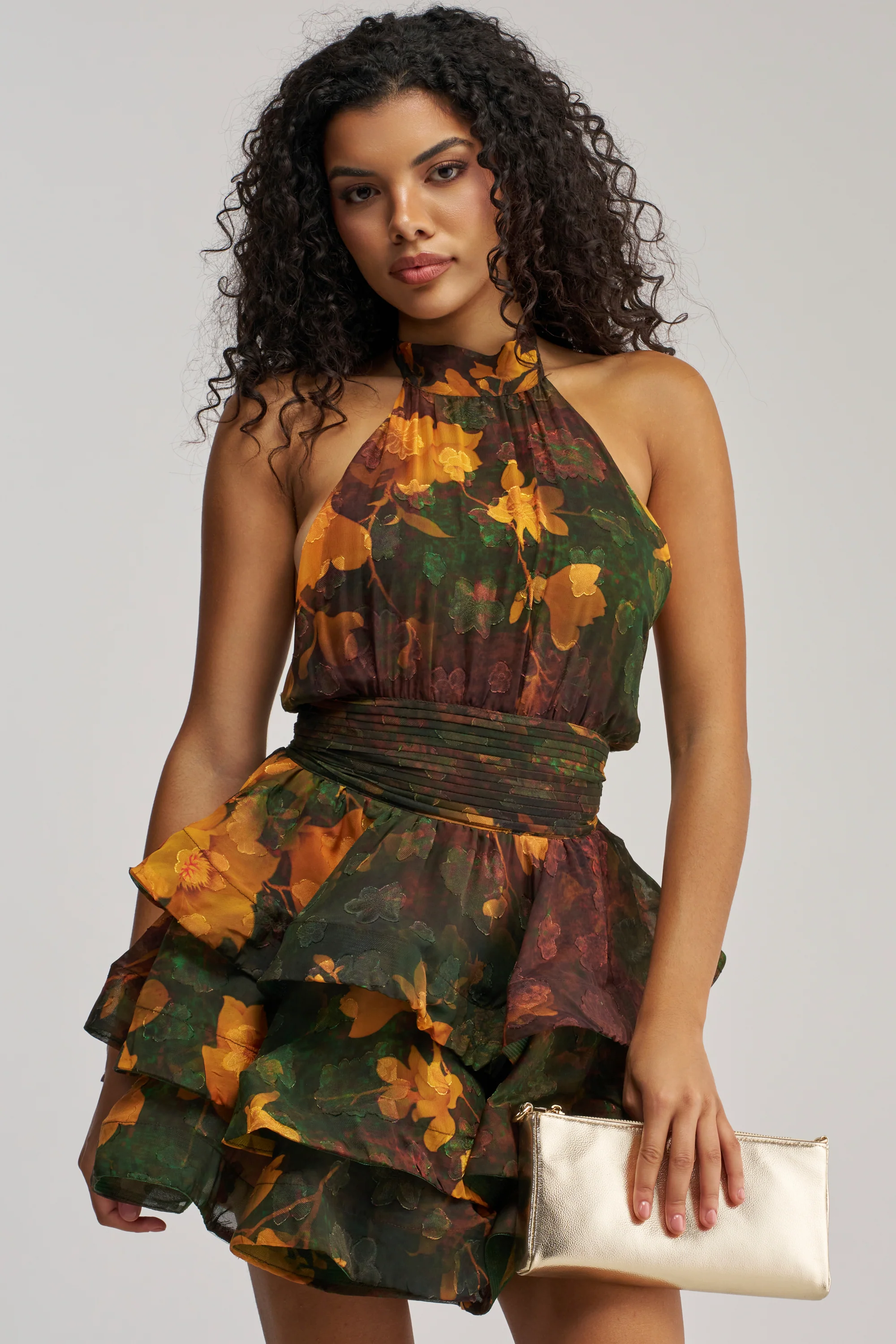 SPIN ME AROUND CHIFFON MINI DRESS IN GREEN FLORALS - Akira Store