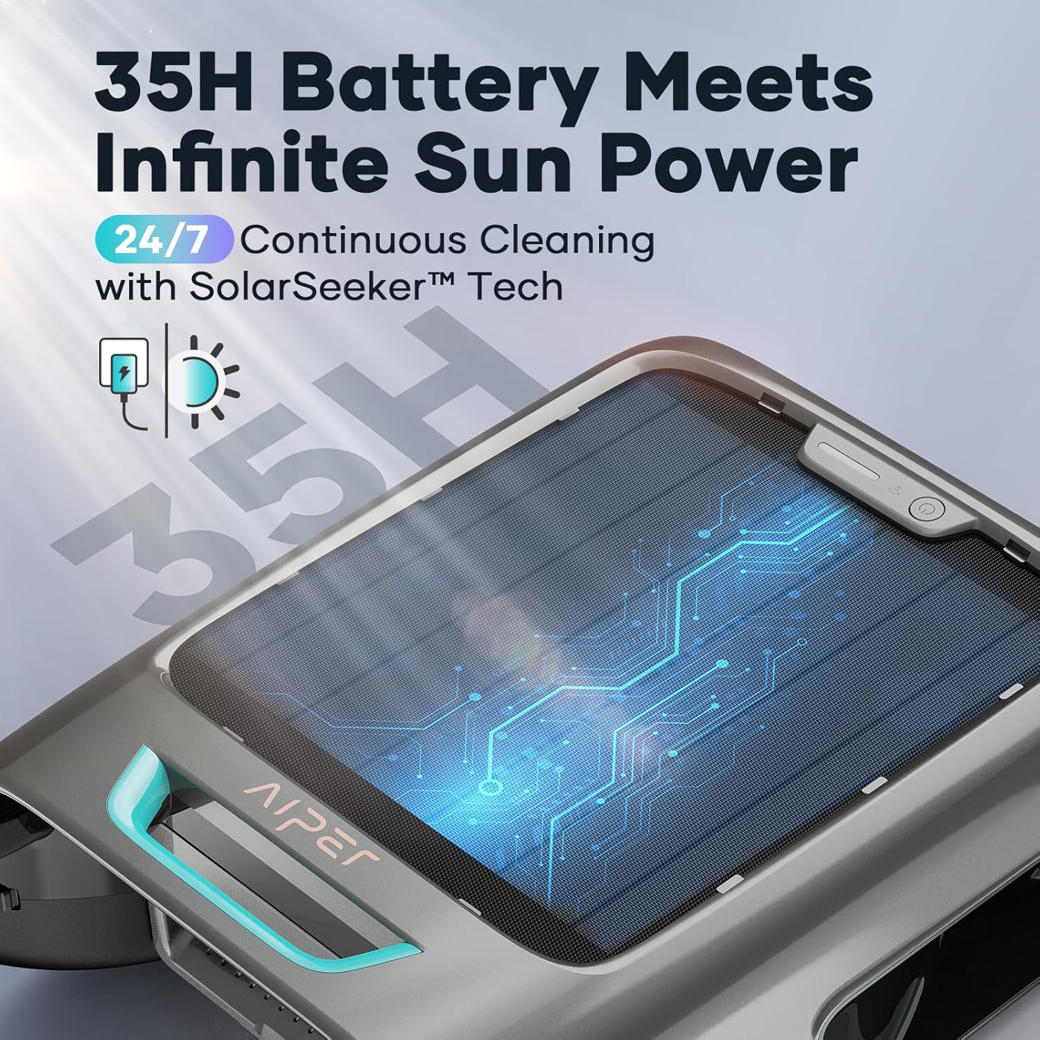 Écumoire solaire pour piscine avec application mobile, nettoyage 24h/24 et 7j/7, double mode de charge, détection intelligente des obstacles, idéale pour tous types de piscines.