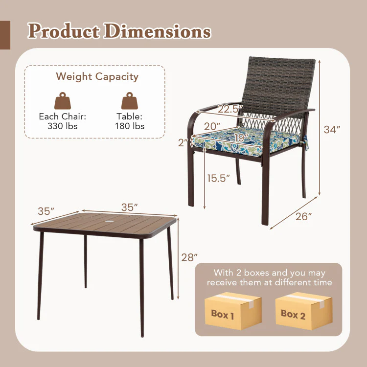 5 Pieces Patio Dining Set, 4 Cushioned Rattan Armchairs & Square Table with Wood-Plastic Tabletop & Umbrella Hole