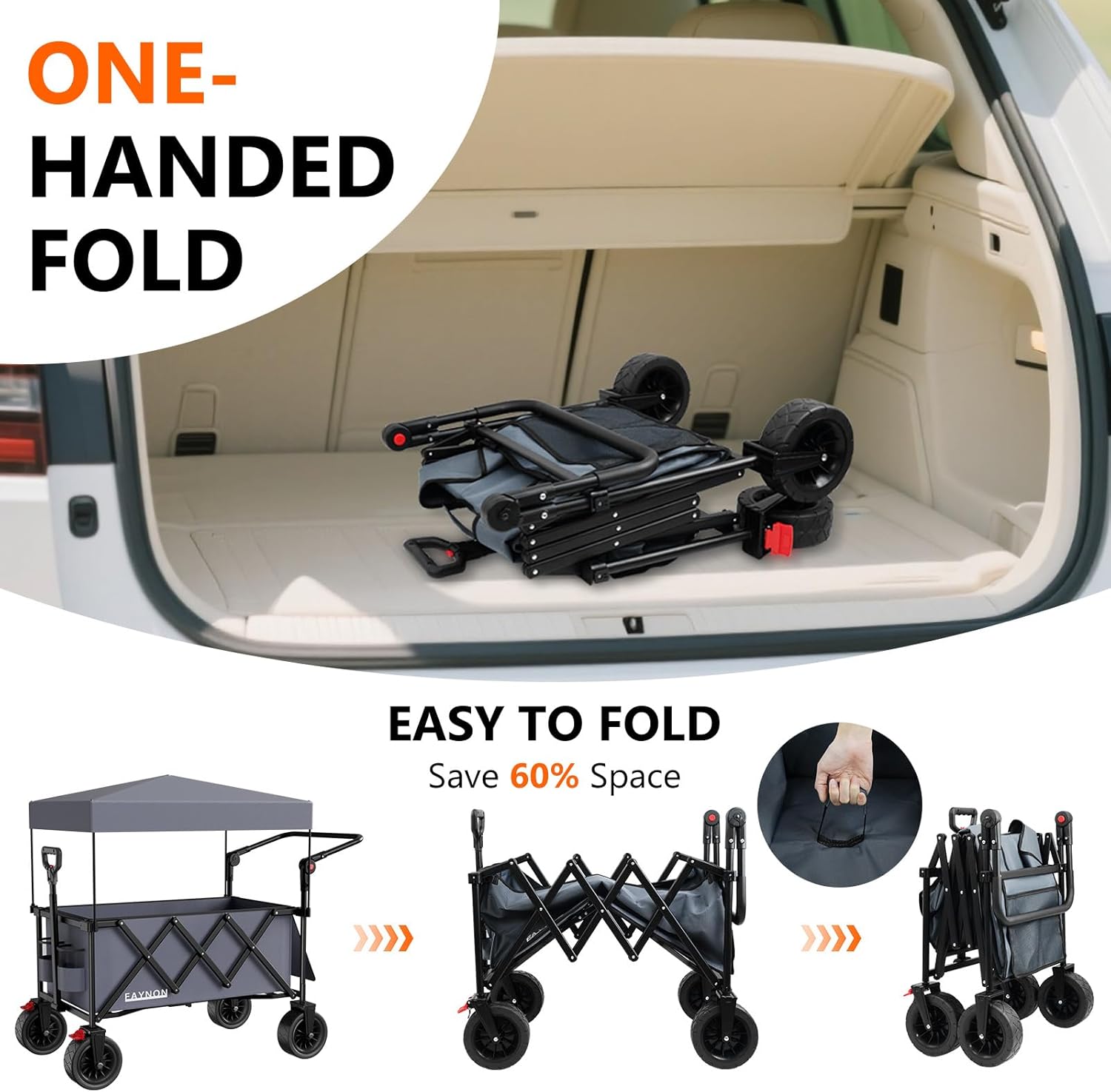 3 in 1 Collapsible Wagon with 300lbs Weight Capacity, 150L Heavy Duty Utility Cart with Removable Canopy, with Large All-Terrain Beach Wheels & Drink Holders, Gray