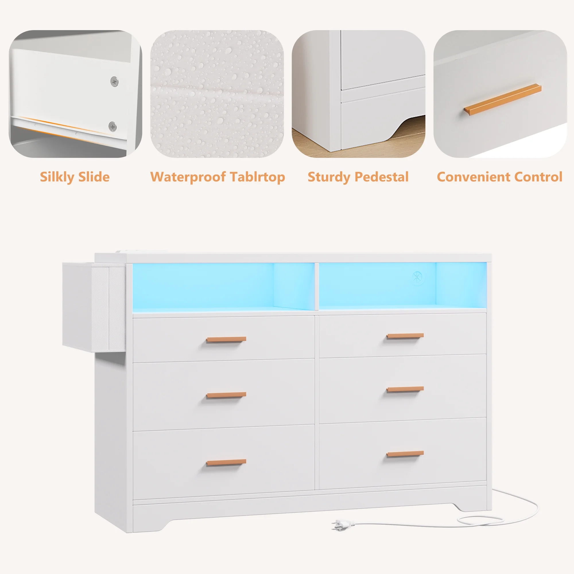 White Dresser for Bedroom,6 Drawers Dresserwith LED Lights and Charging Station, 47" Wide Bedroom Dresser Chest of Drawers Storage Organizer TV Stand for up to 55" TV for Living Room(47"/White) - Image 9