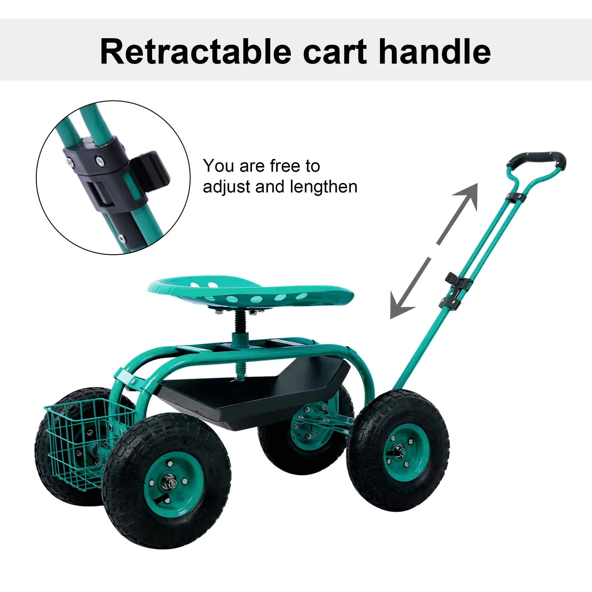 Aukfa Rolling Garden Cart Scooter with Swivel Seat, Wheels, and Tool Tray - Red
