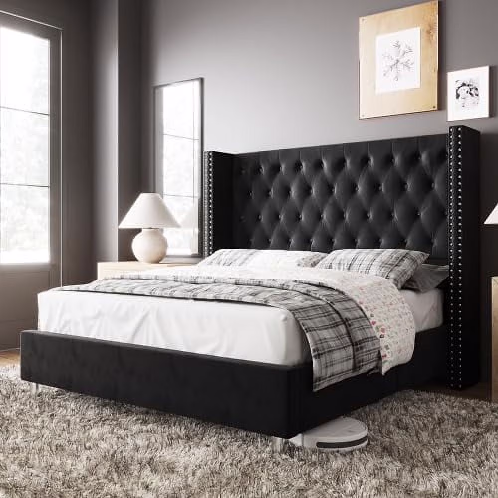 Vanacc Queen Bed Frame Upholstered Bed Wingback Headboard Velvet Tufted Diamond Button/No Box Spring Needed/Easy Assembly/Gray