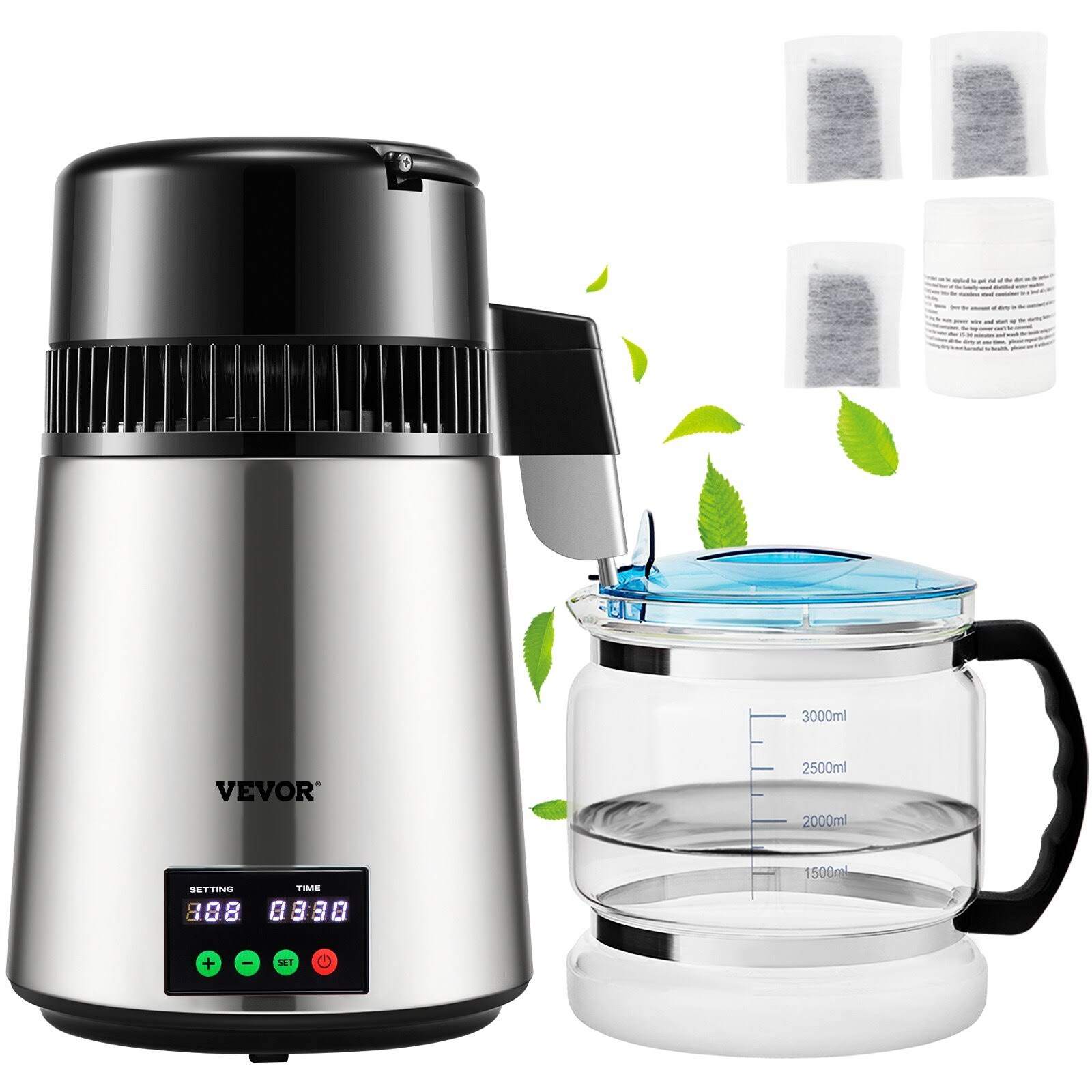 VEVOR 1.1 Gal Water Distiller, 0.3 gal/h, 750W Distilled Water Maker Machine 0-99H Timing Set Temp Display, 304 Stainless Steel