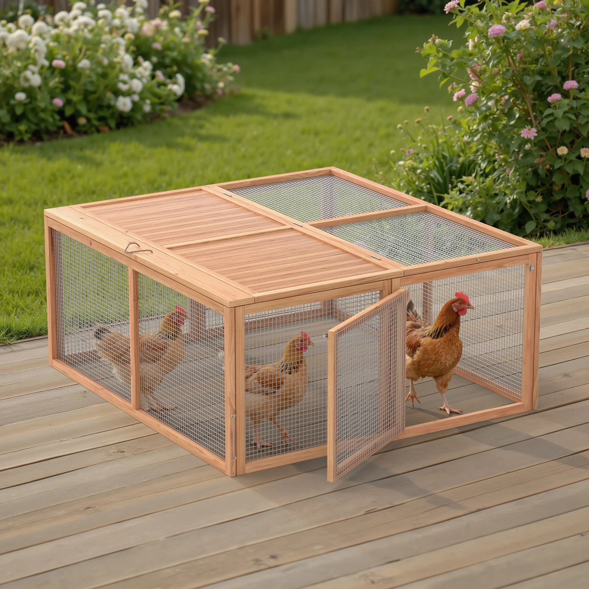 Portable Chicken Coop Run Rabbit Hutch Outdoor Small Animal Cage House Wooden Poultry Enclosure for Bunny, Duck, Chick, Quail, No Assembly Required(Yellow) - Image 4