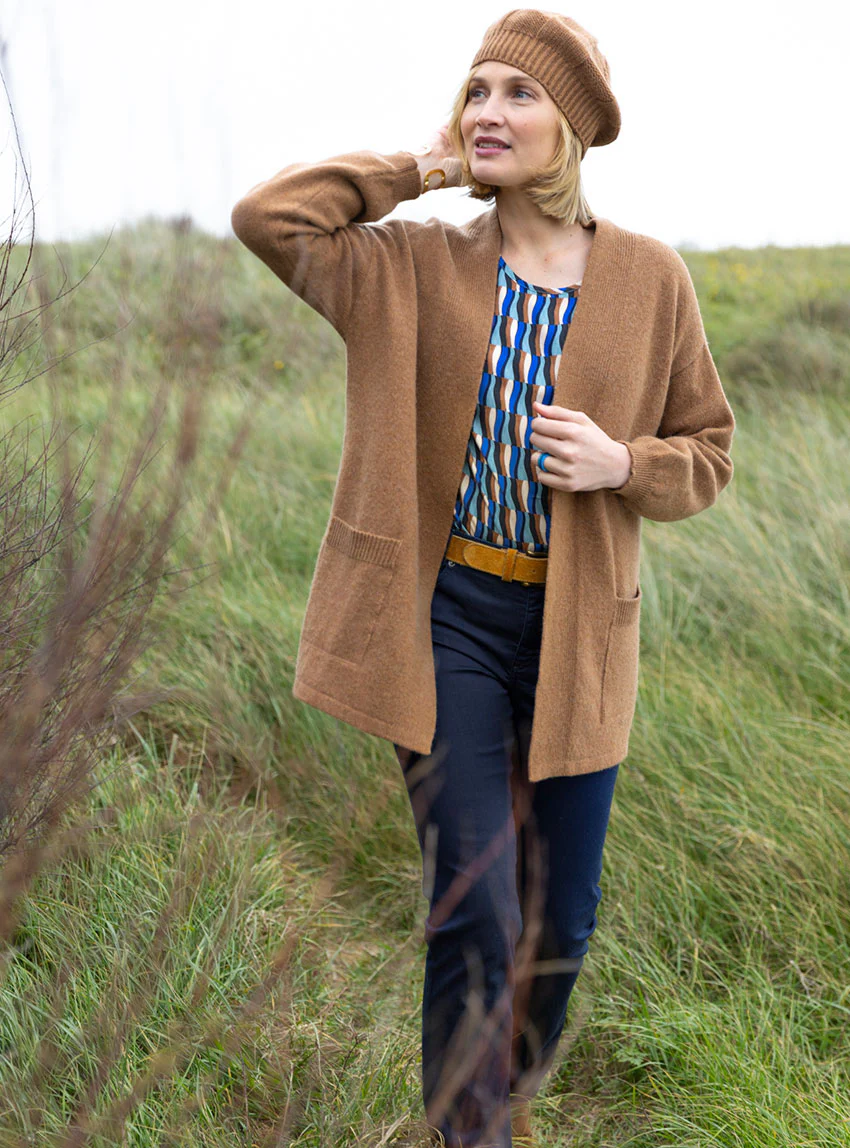Gilet femme long en laine recyclée beige