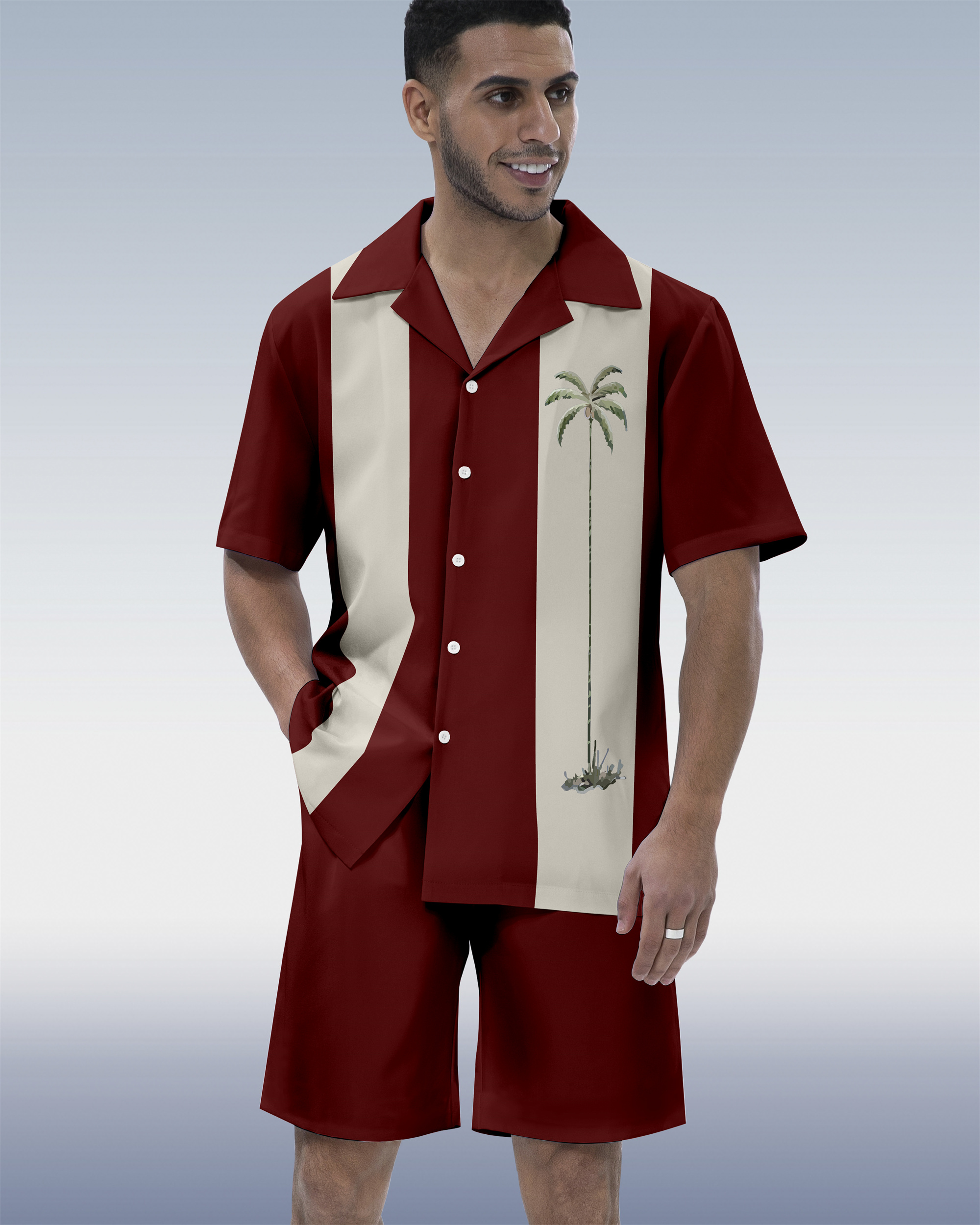 Ensemble chemise à manches courtes et col cubain imprimé tiki hawaïen pour homme