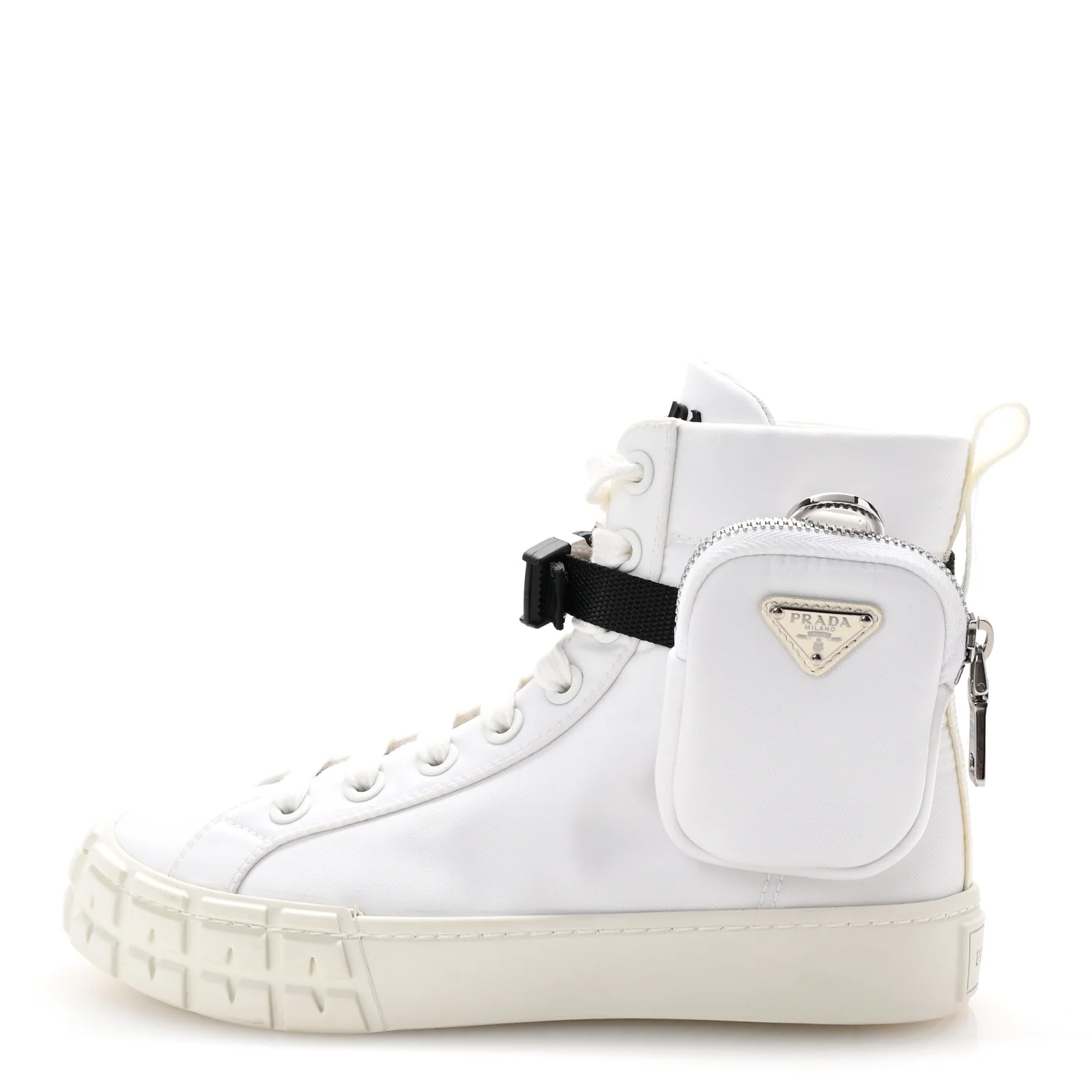 Re-Nylon Gabardine Metal Triangle Logo Wheel Pouch Pocket High Top Sneakers 36 White