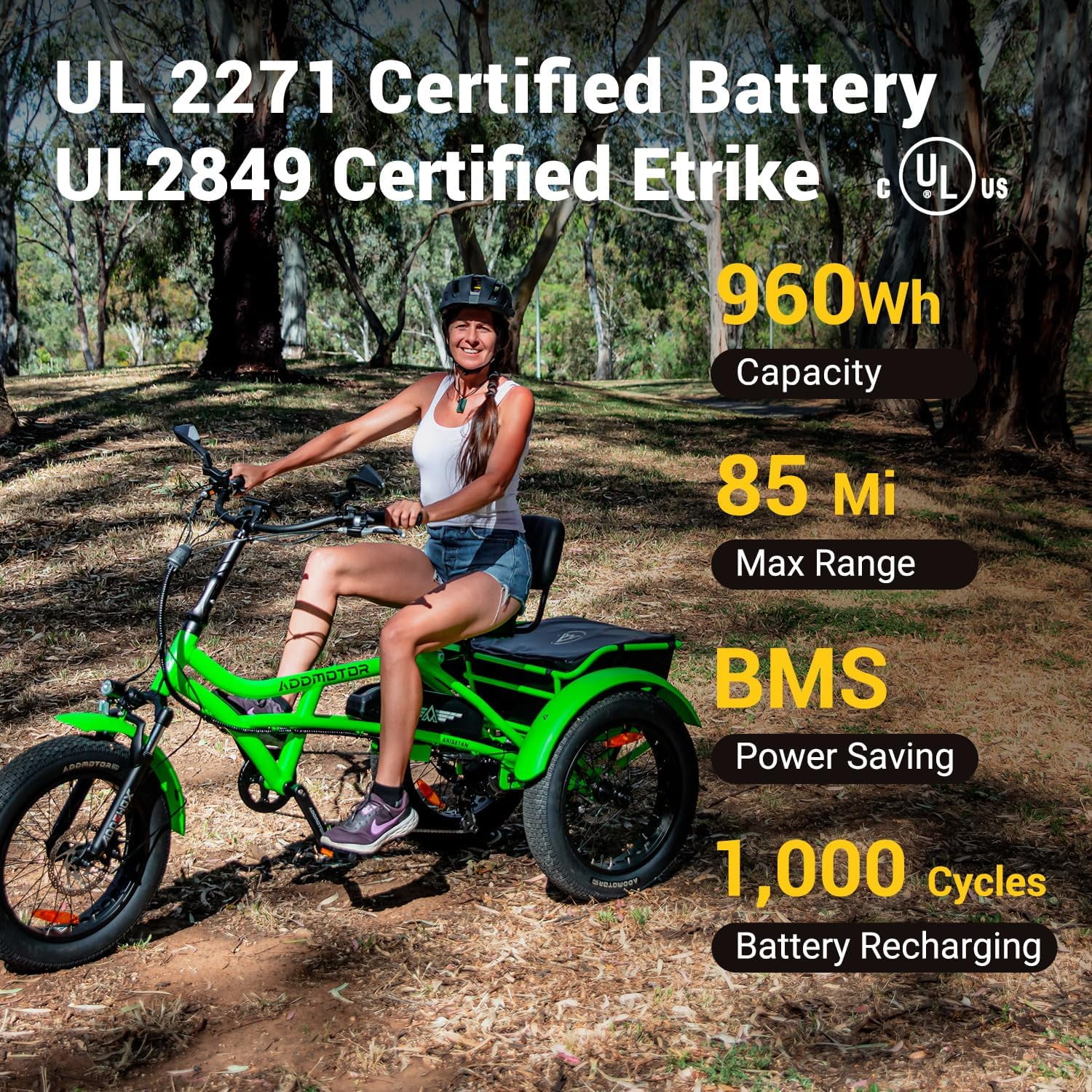 M-360II Semi-Recumbent Electric Trike, 85MI, Fat Tire 3 Wheel Electric Bike for Adults, 750W 48V 20Ah Electric Tricycle for Seniors, 20" Electric Trike with Speed Differential, Green(Standard/Green) - Image 6